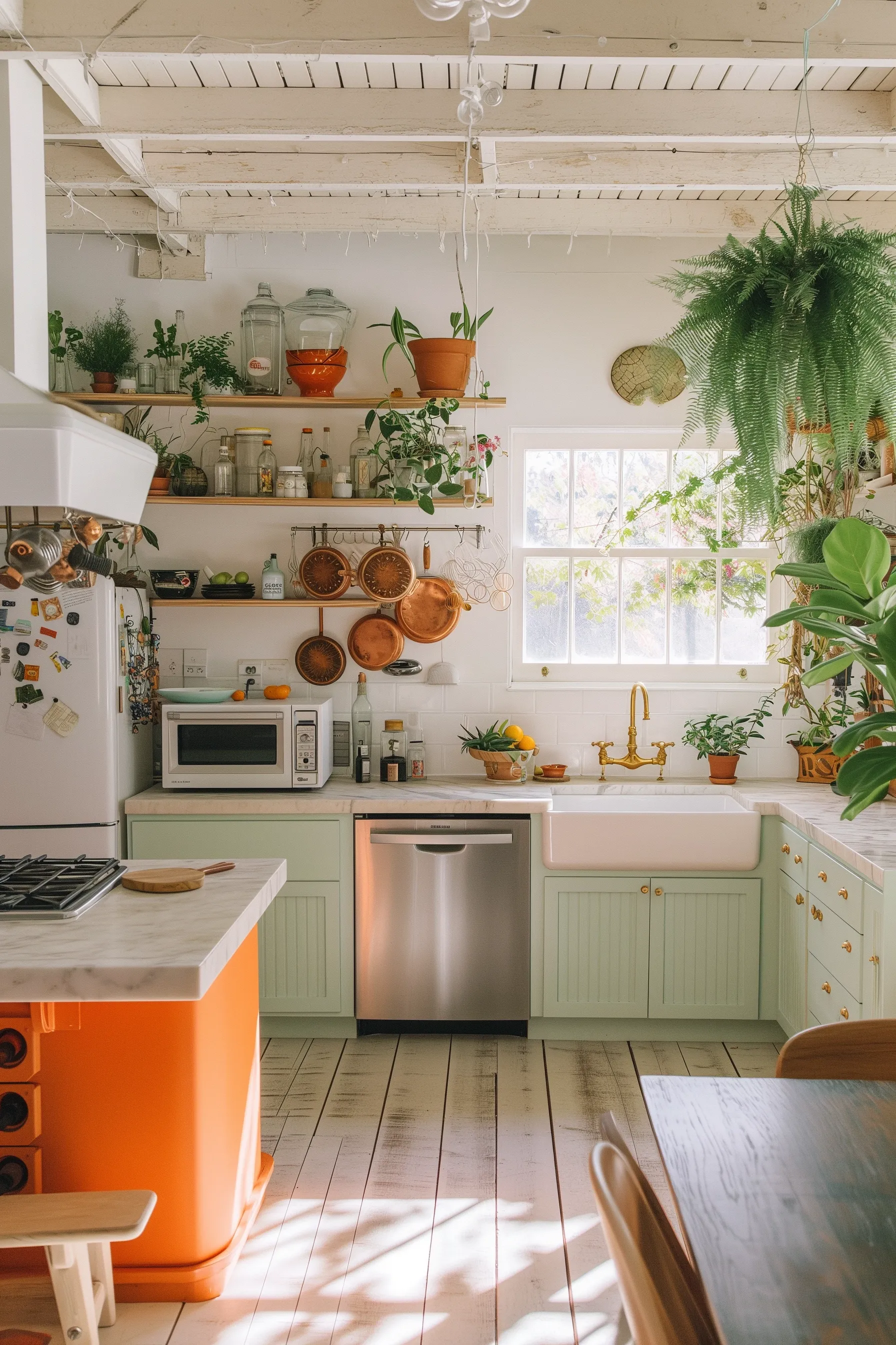 A sage green kitchen embracing bright colors