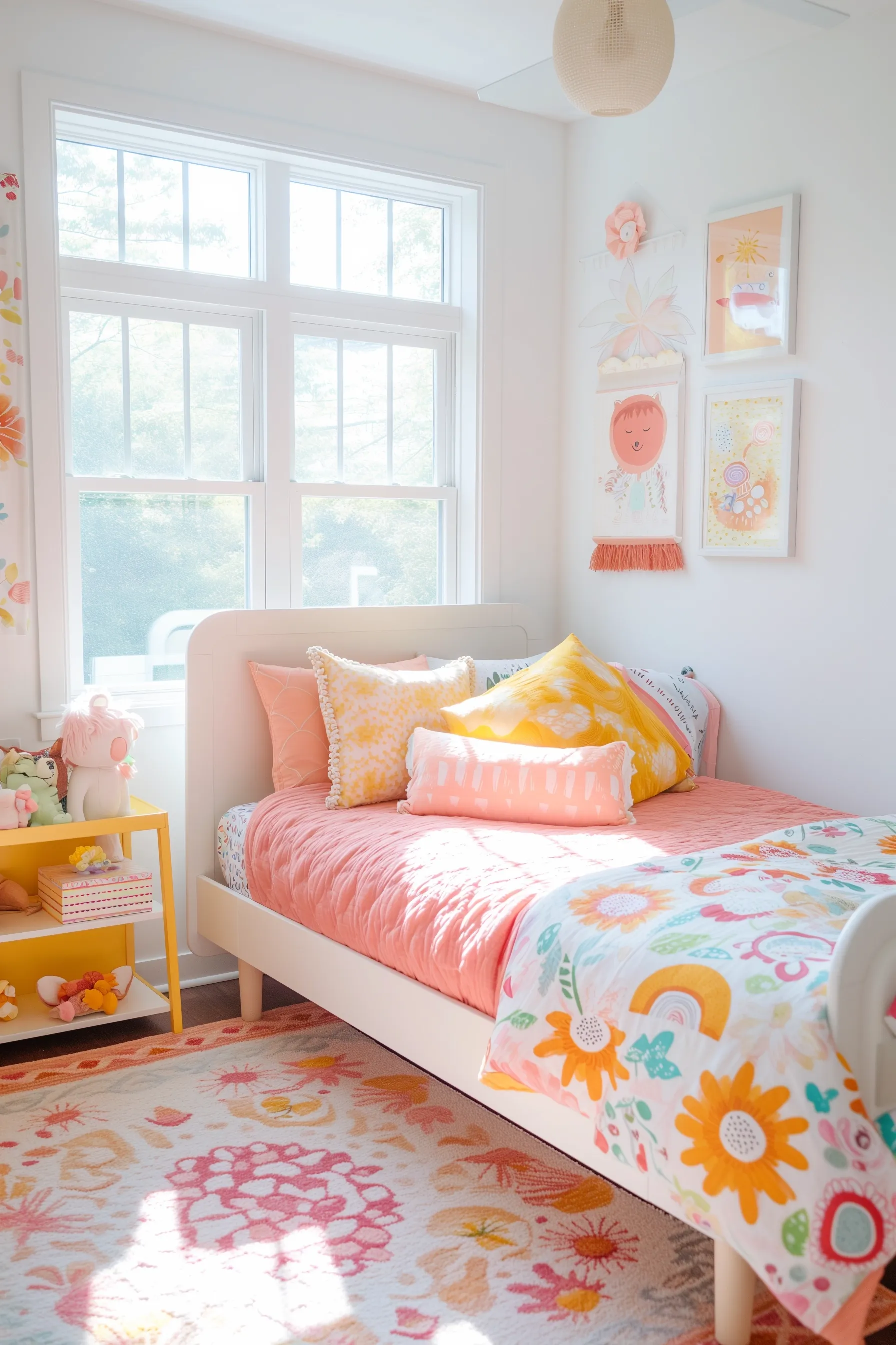 This light pink girls room is a cute and fun way to create a beautiful room on a tight budget. It has pink accents around the room like a pink duvet and pink lighting. There is also lots of flowers and prints