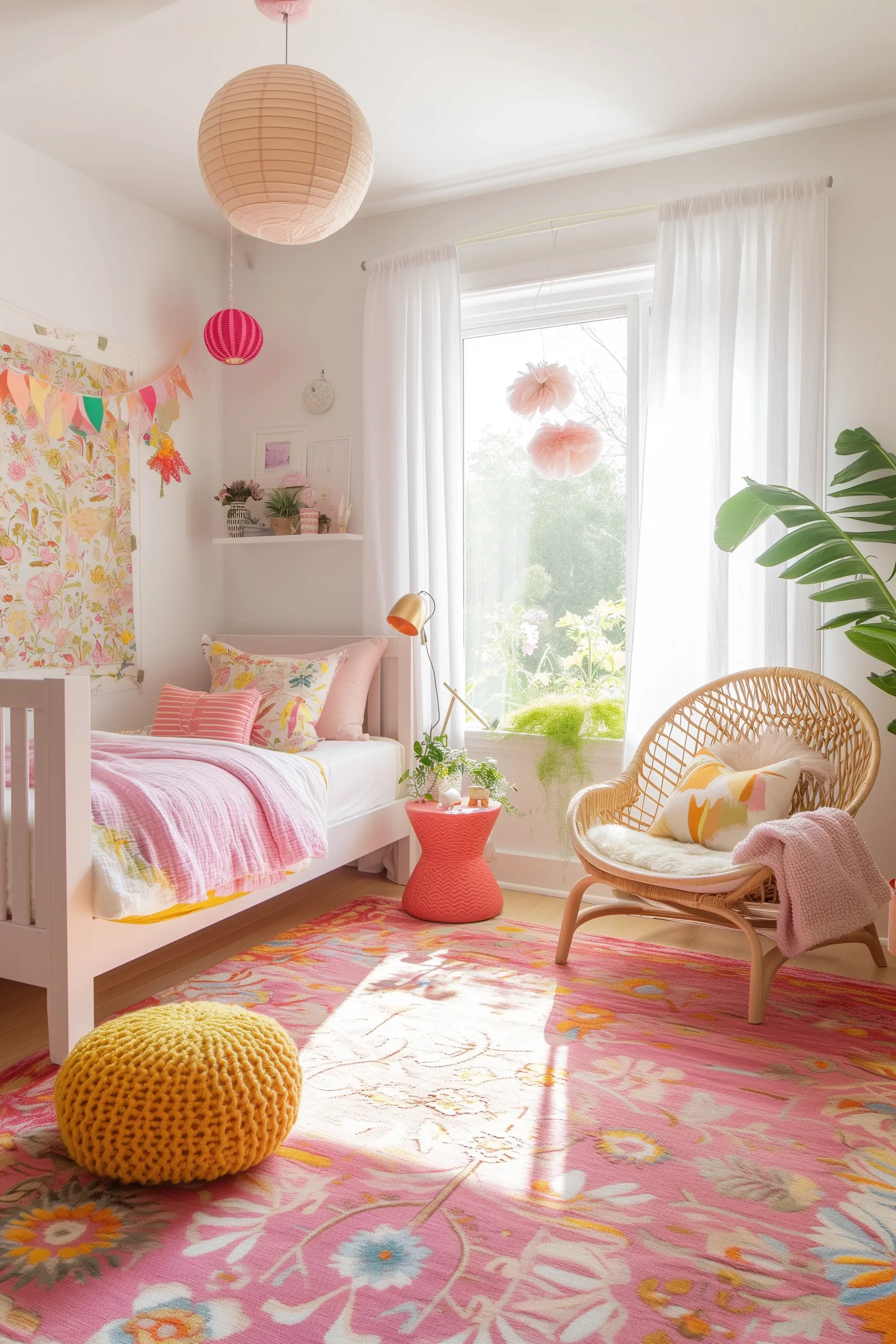 A colorful orange and pink bedroom