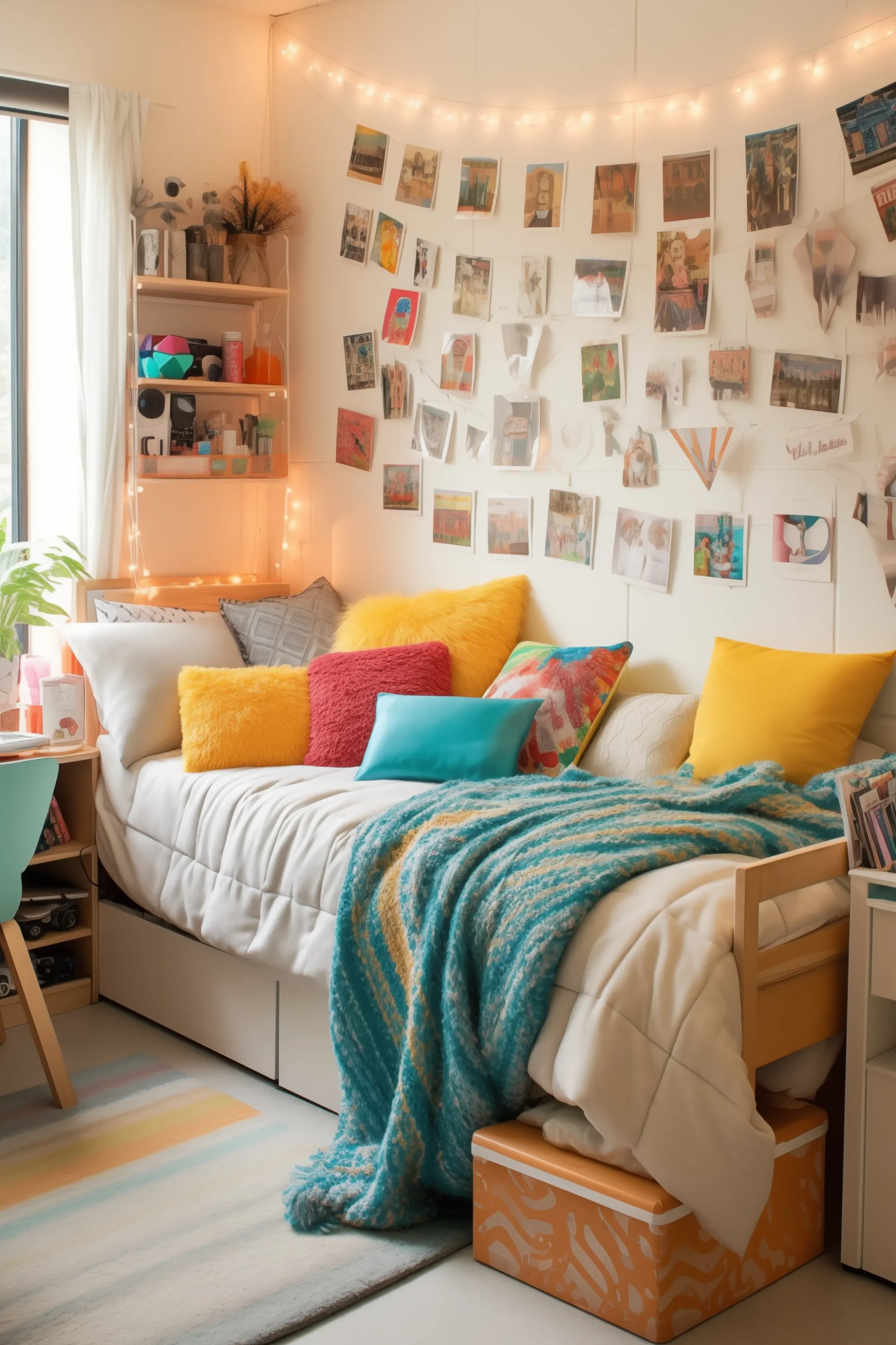 A colorful bedroom with a photo wall