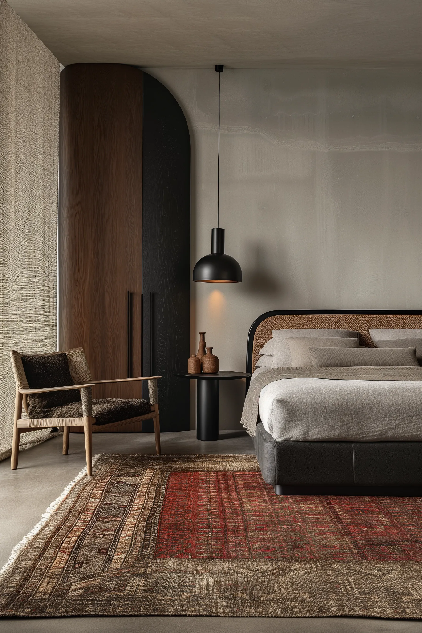 Modern italian bedroom with a woven headboard