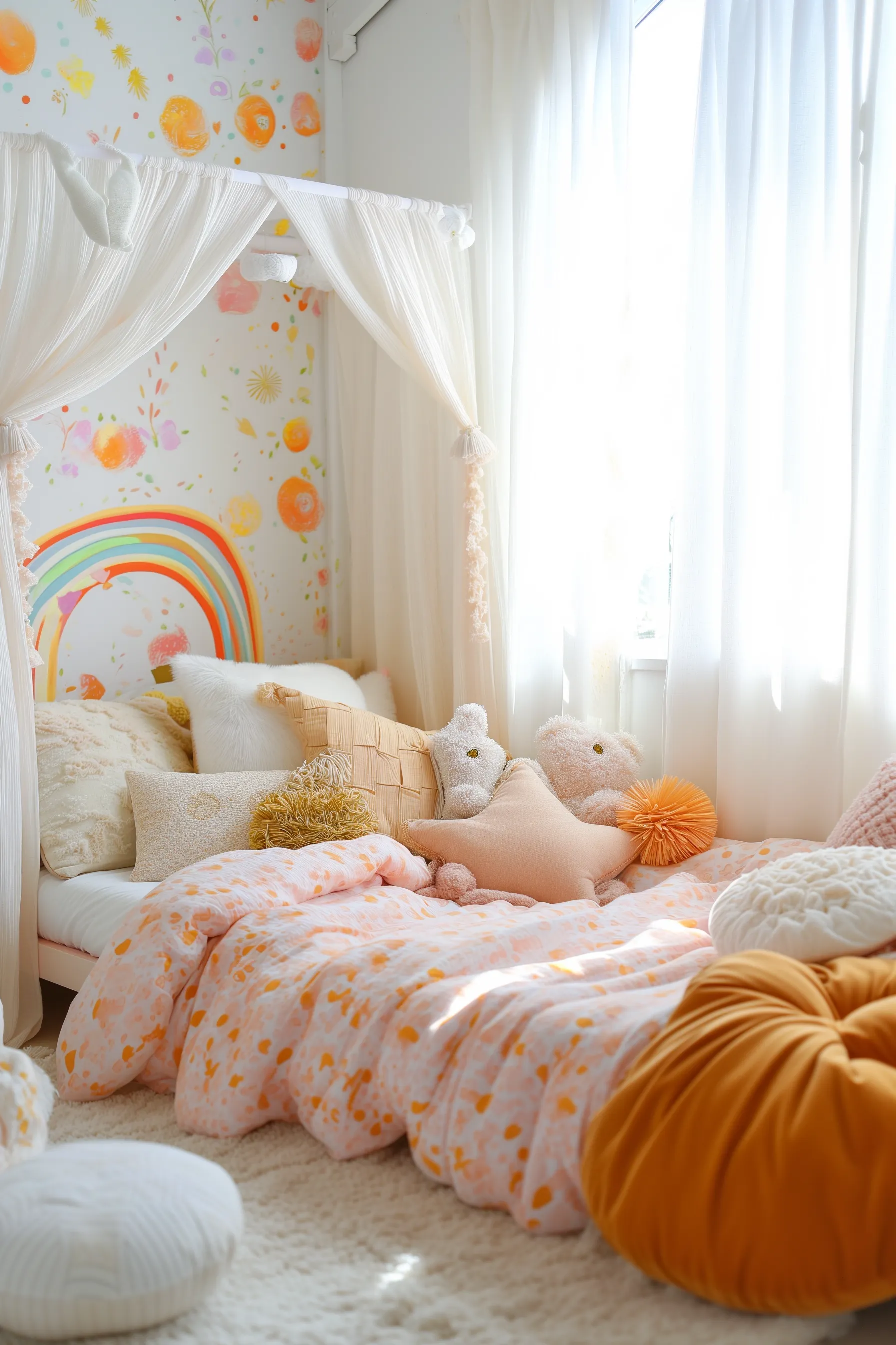 Orange, pink and white bedding with a rainbow accent wall