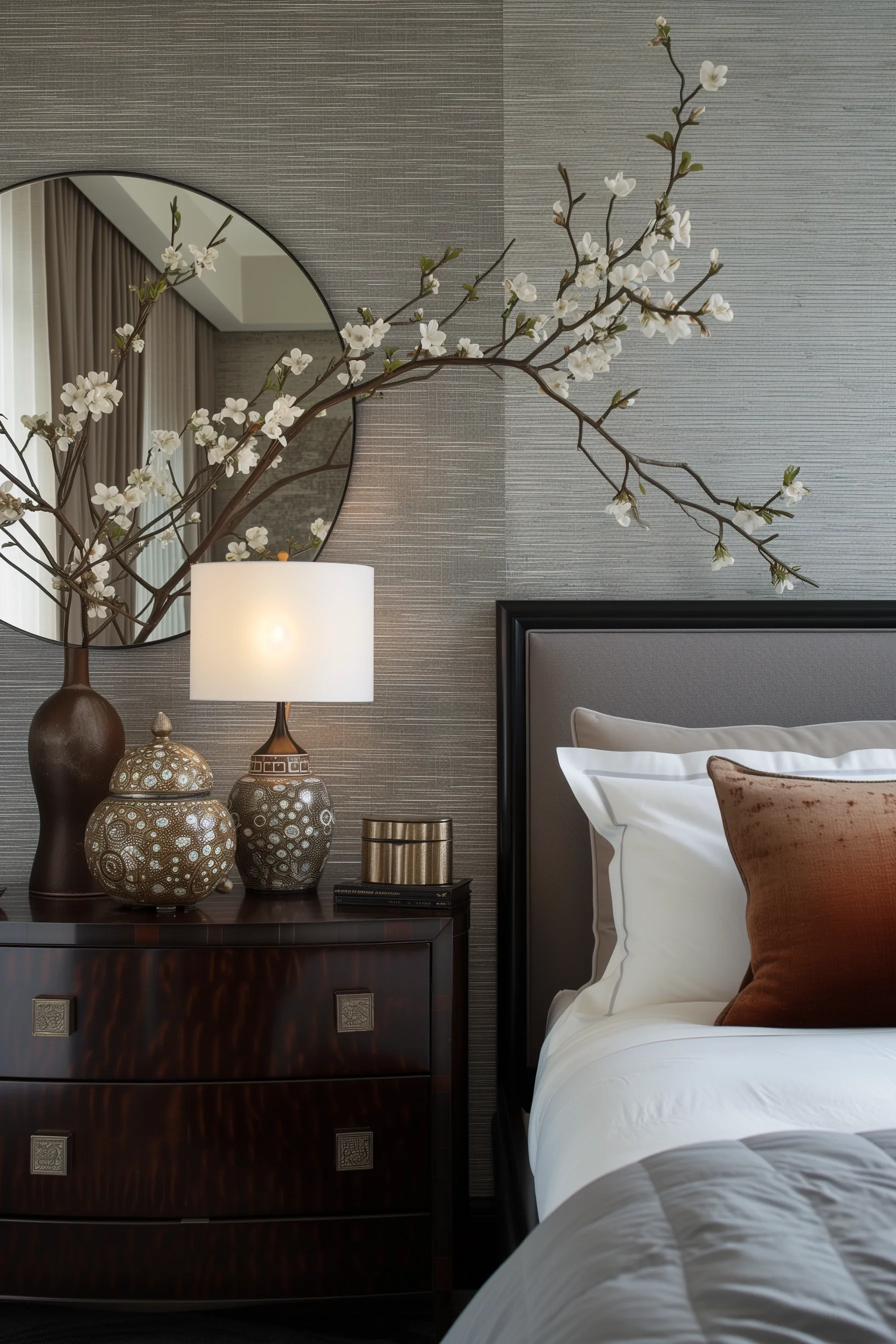 sculptural lighting in a bedroom with a decorated vase.