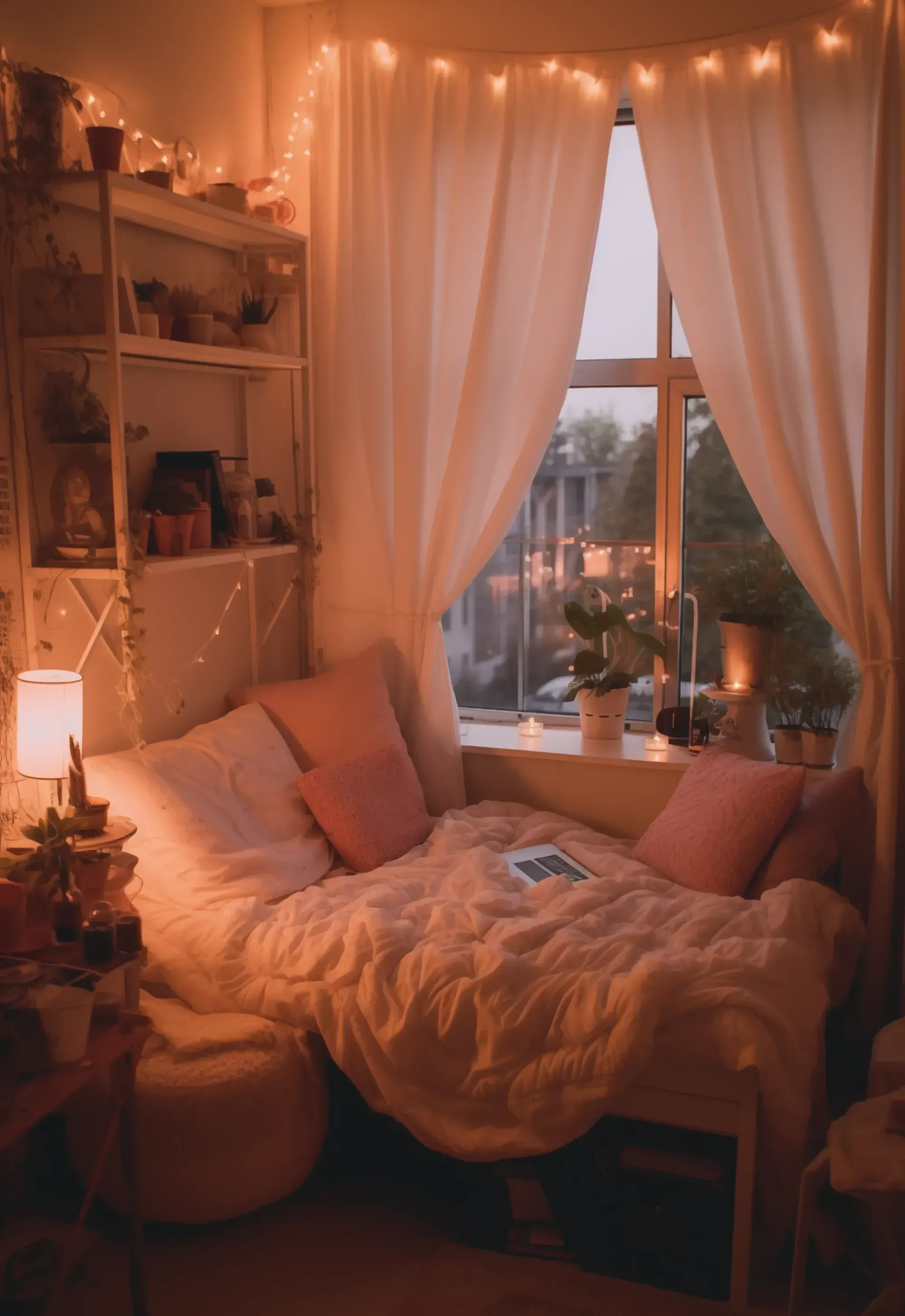 A bedframe with fairy lights