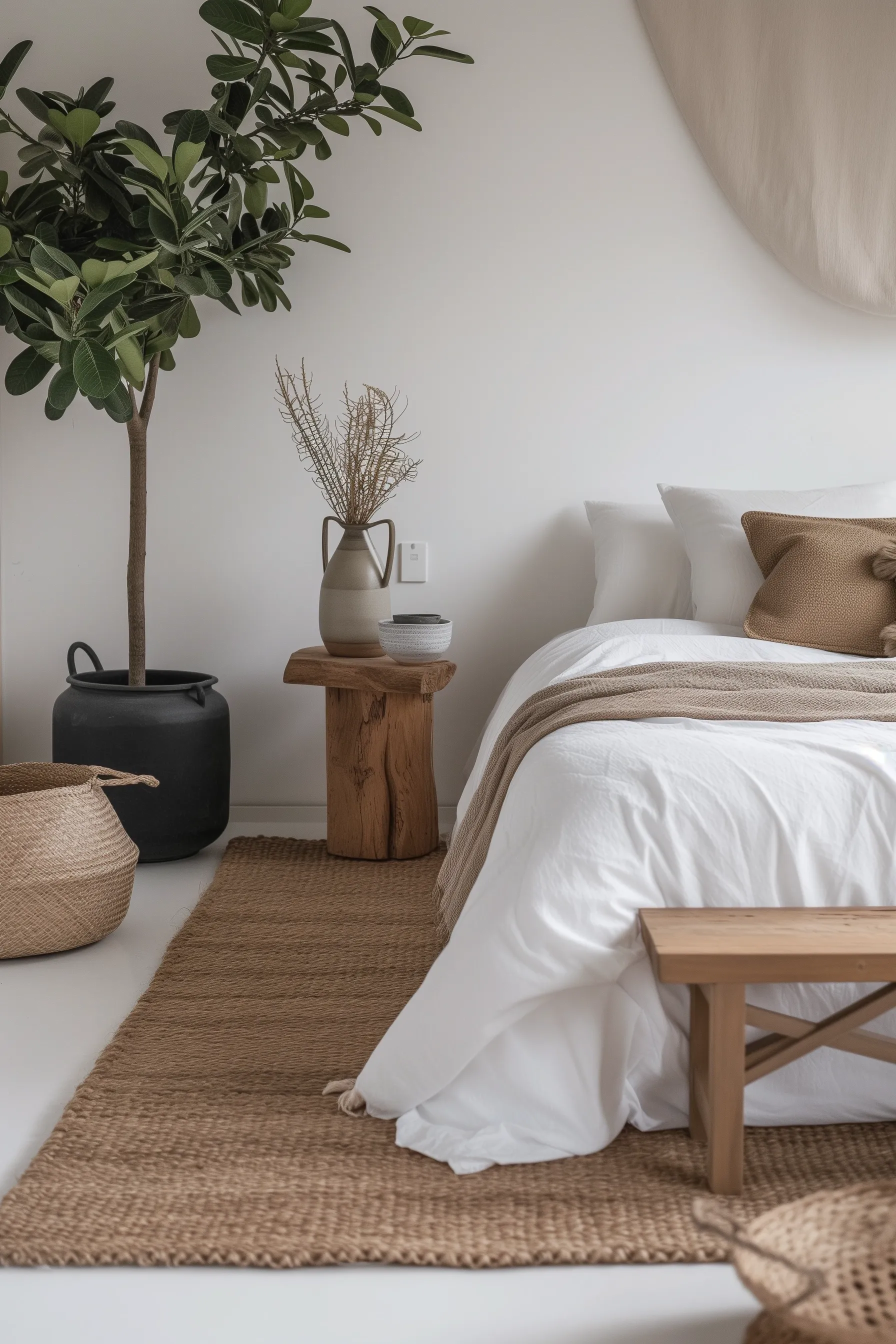 white ceramic vase with pampas grass on brown wooden table with a white duvet