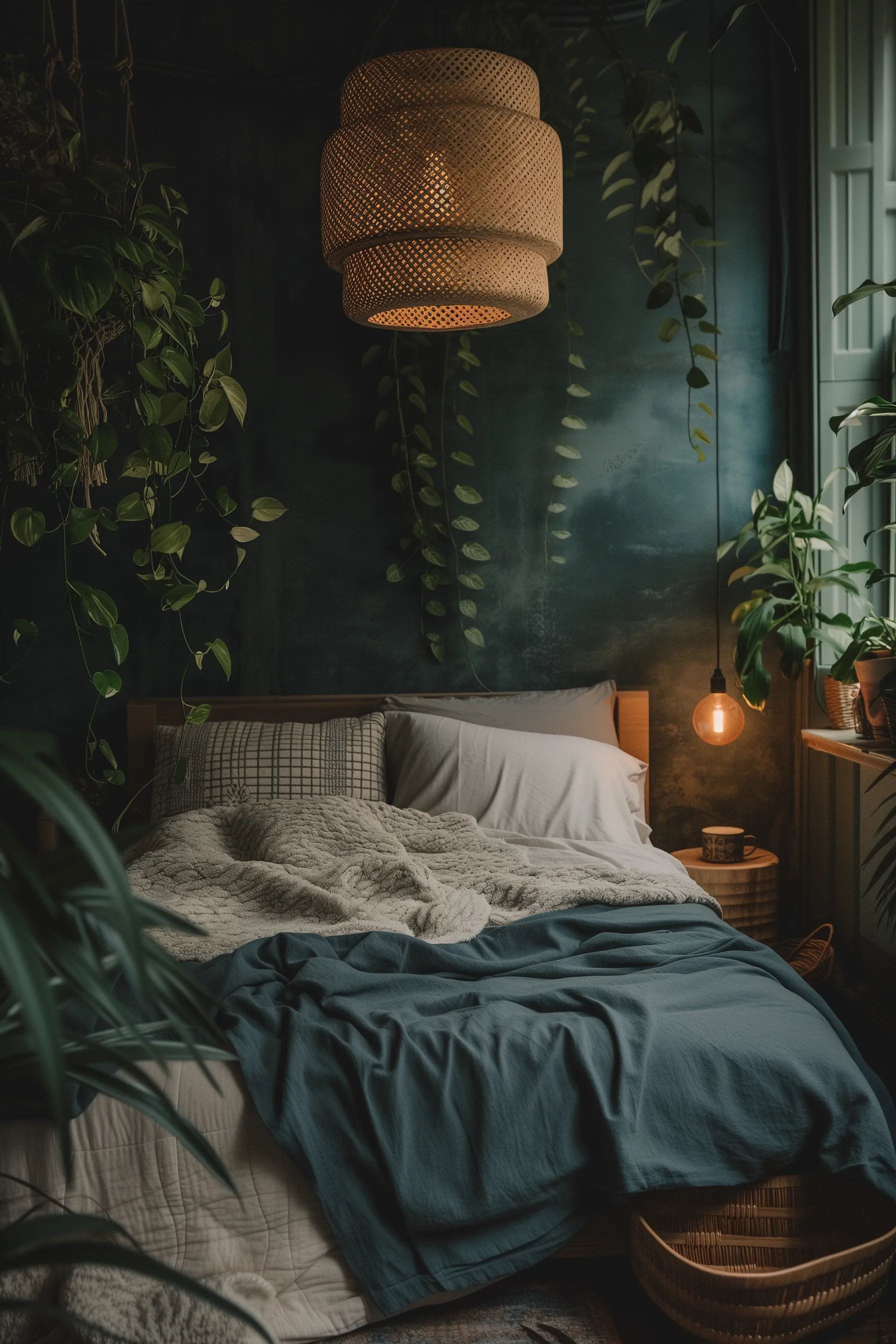 a dark boho bedroom with a blue accent wall