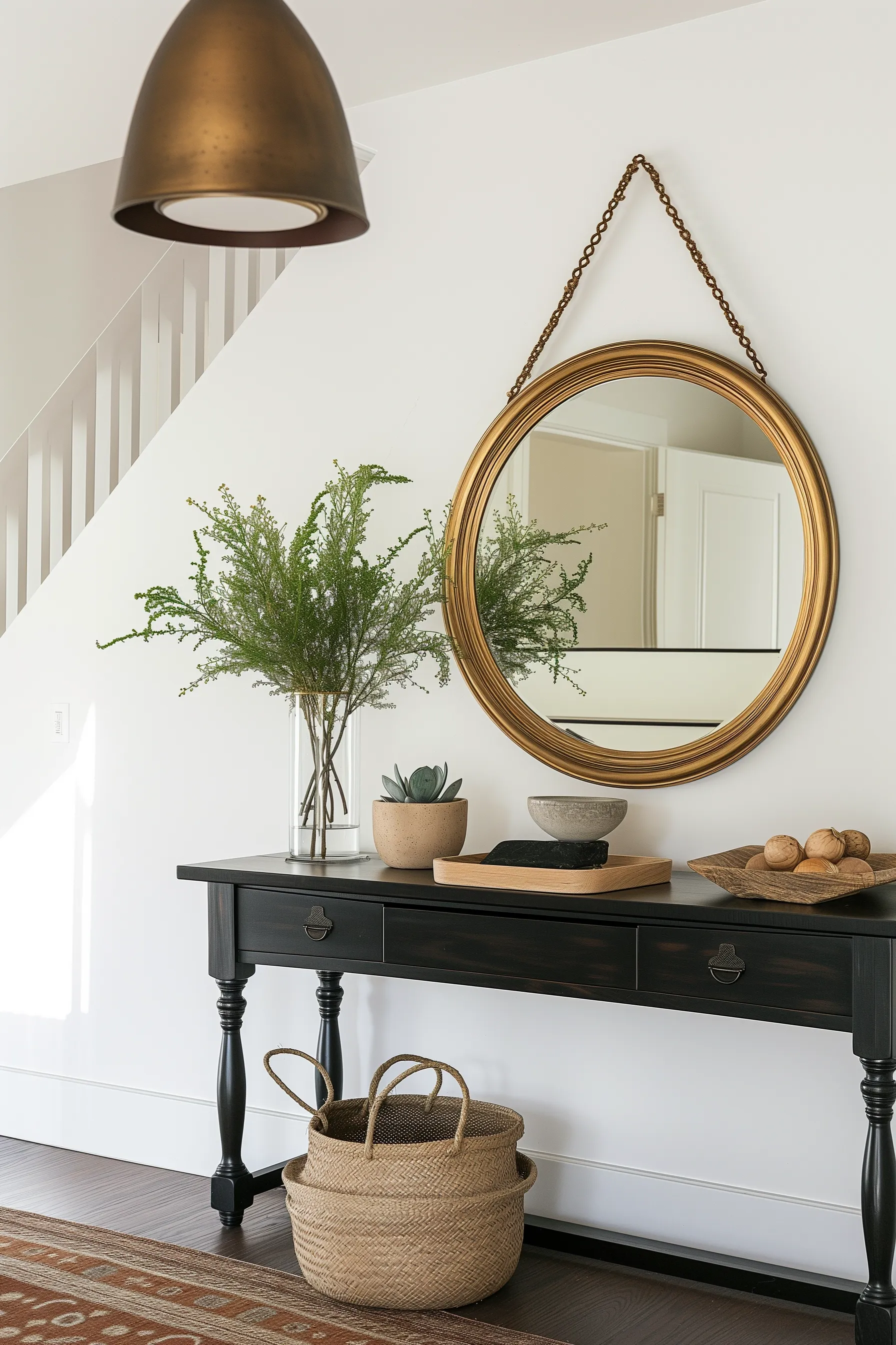 A gold circle mirror and black entry table with plants and chestnuts
