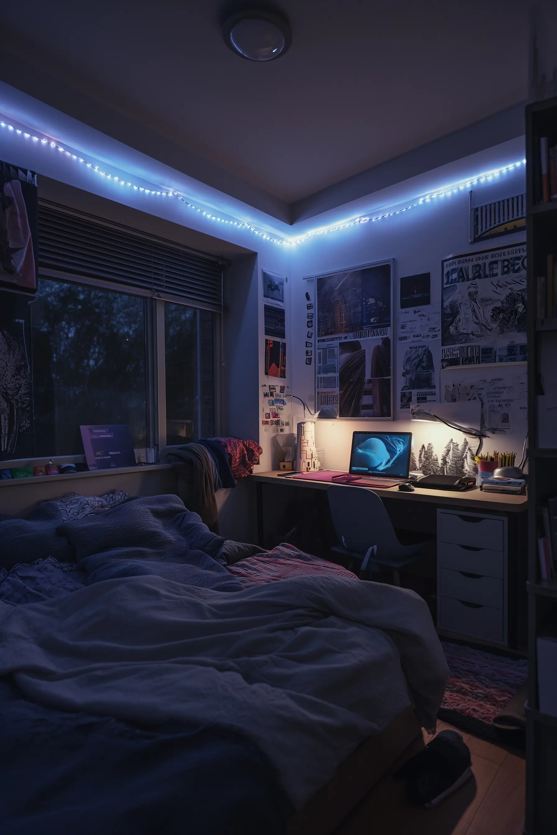 bed in room with neon lights