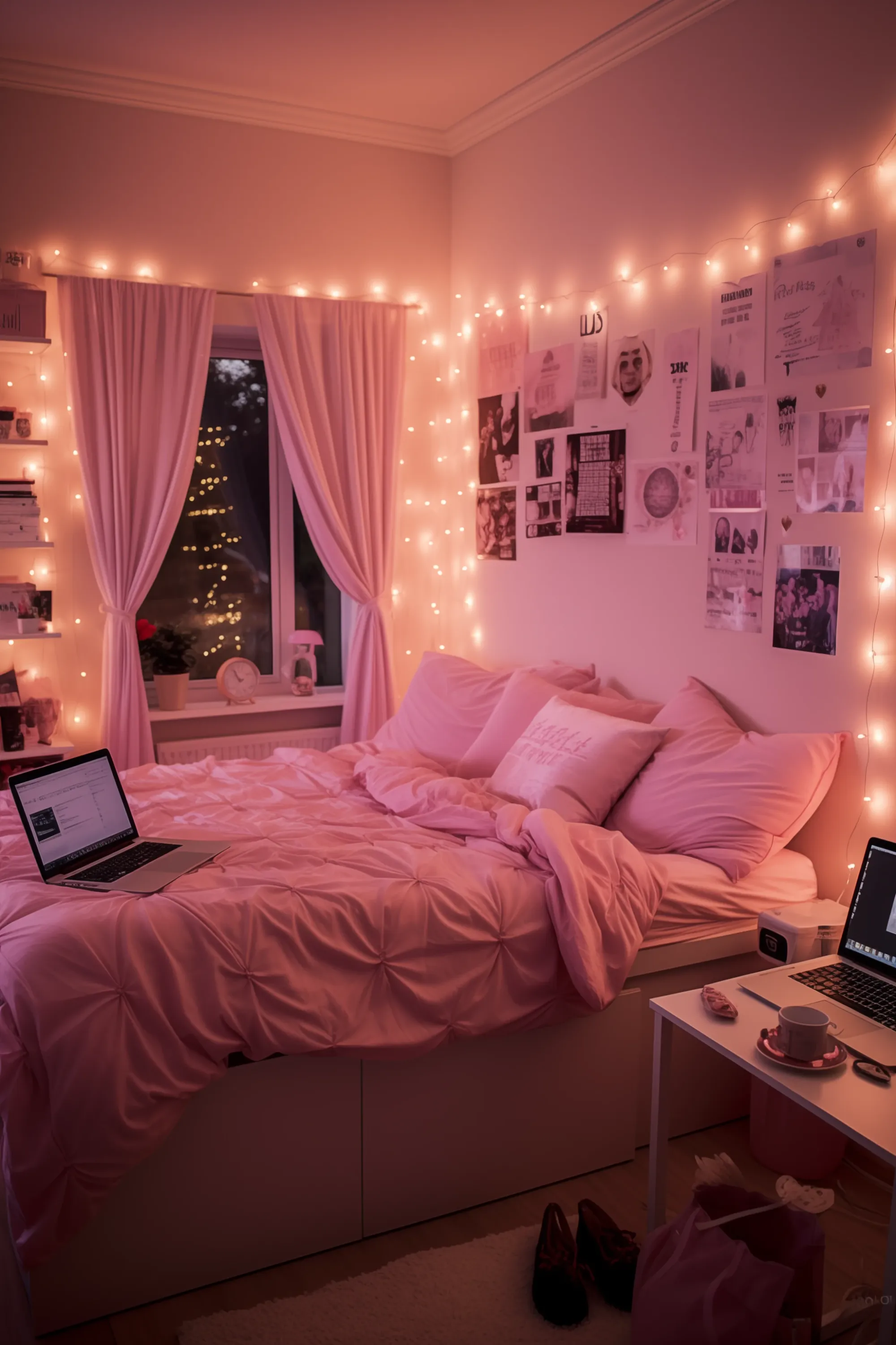 A pink and white dorm bedroom with wall art
