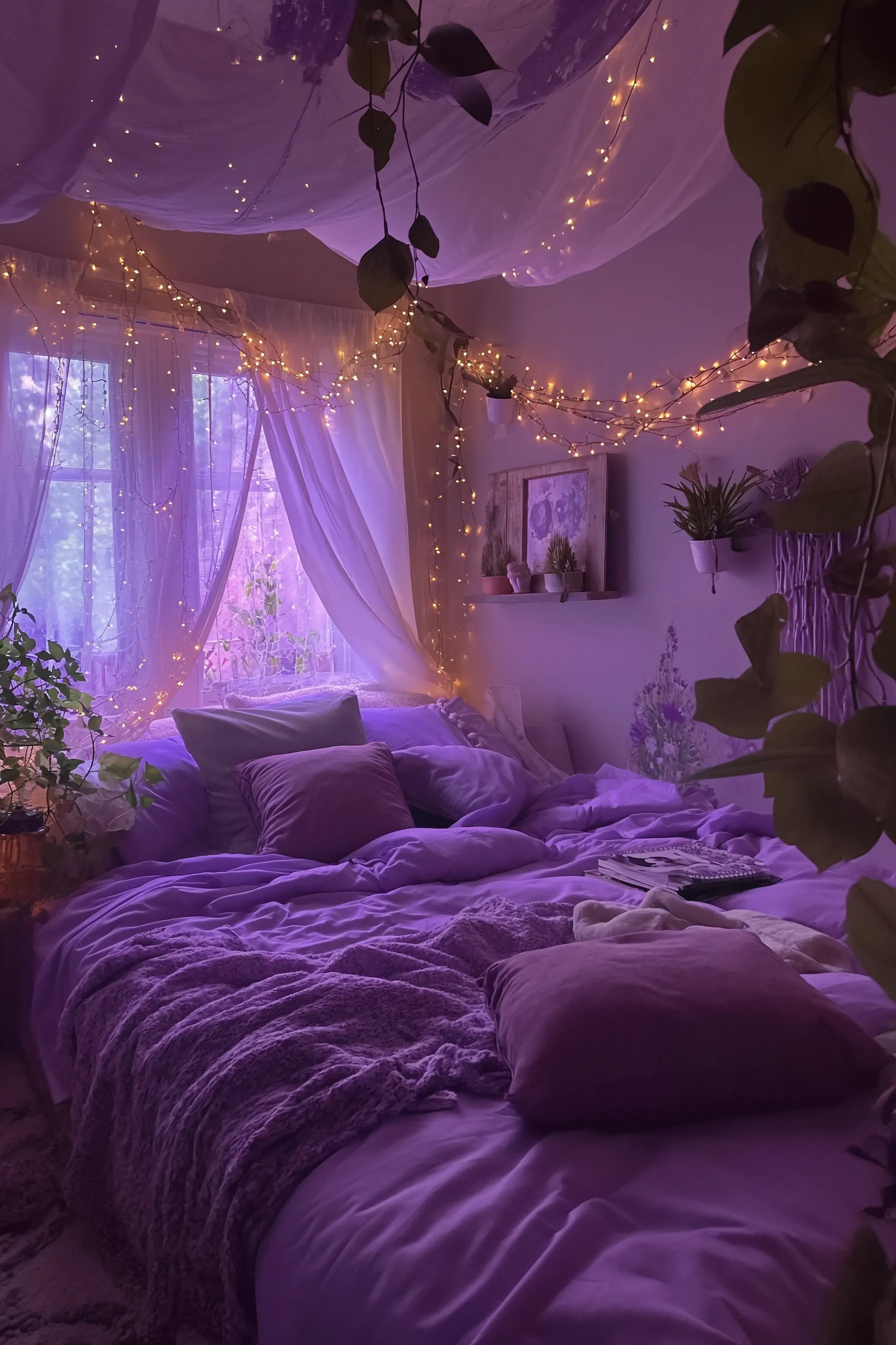 Fairy lights in purple bedroom