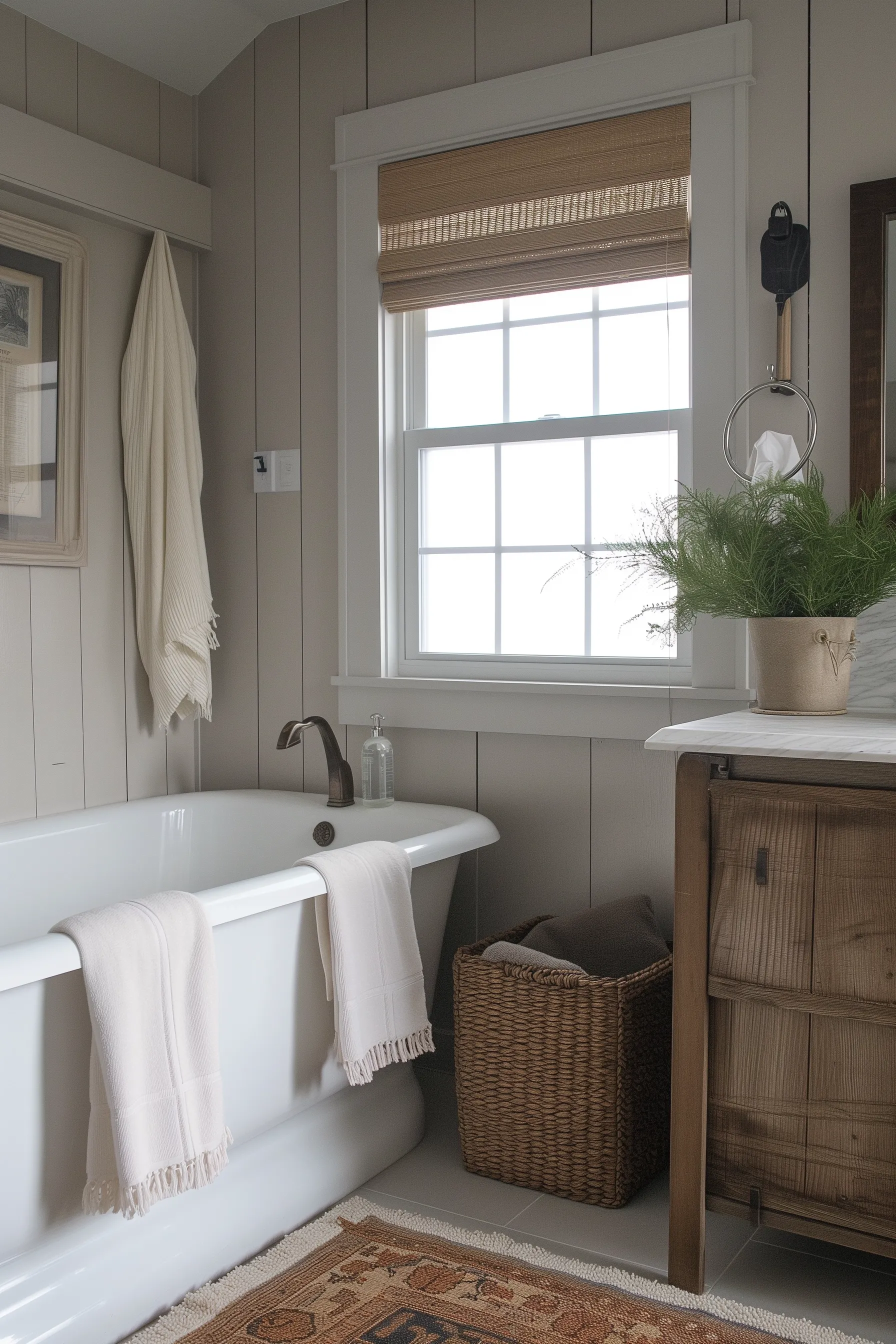 A white farmhouse bathroom with a woven basket, towels and plants