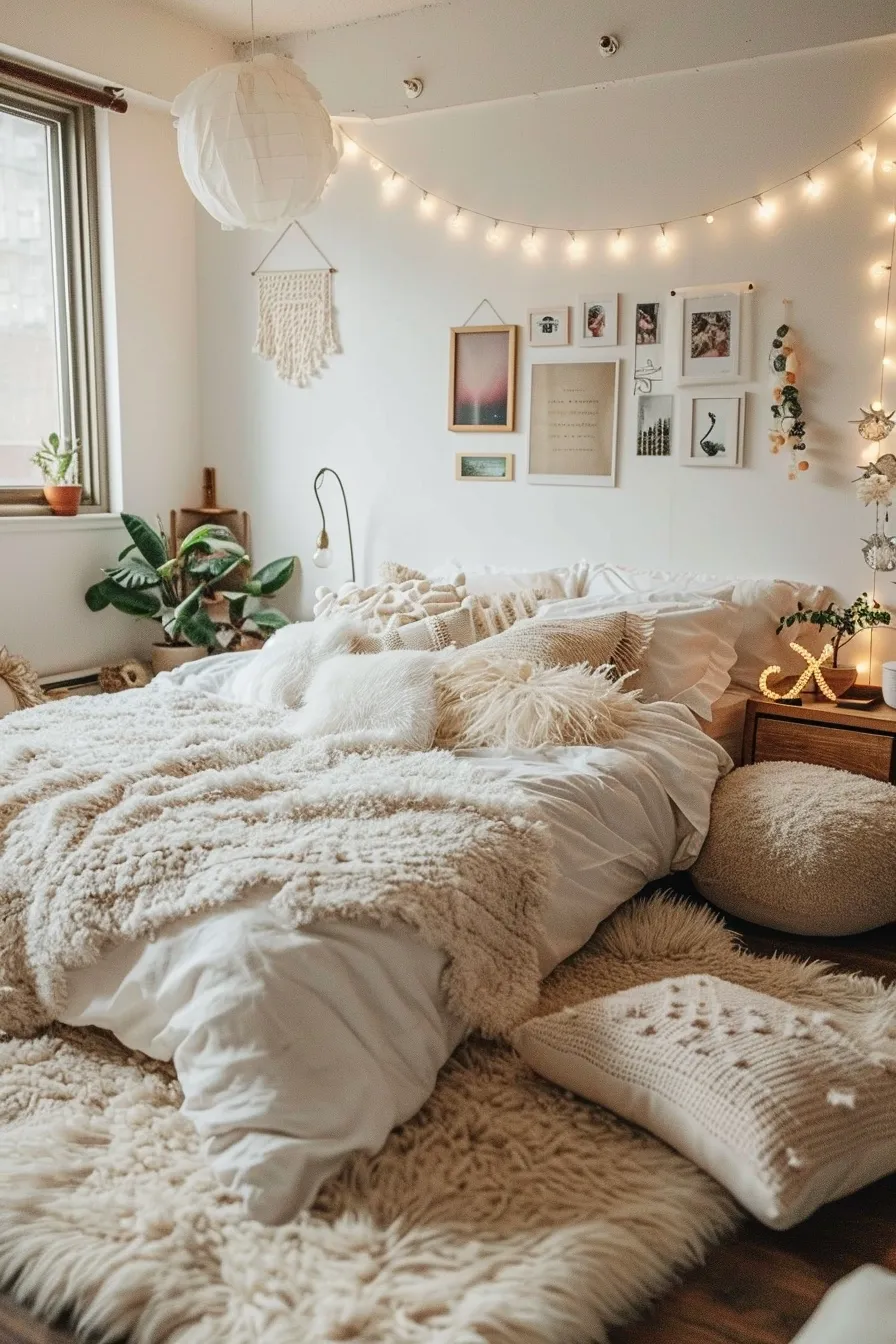A beautiful cozy boho style bedroom. It contains a white duvet and rug with different patterns and textures