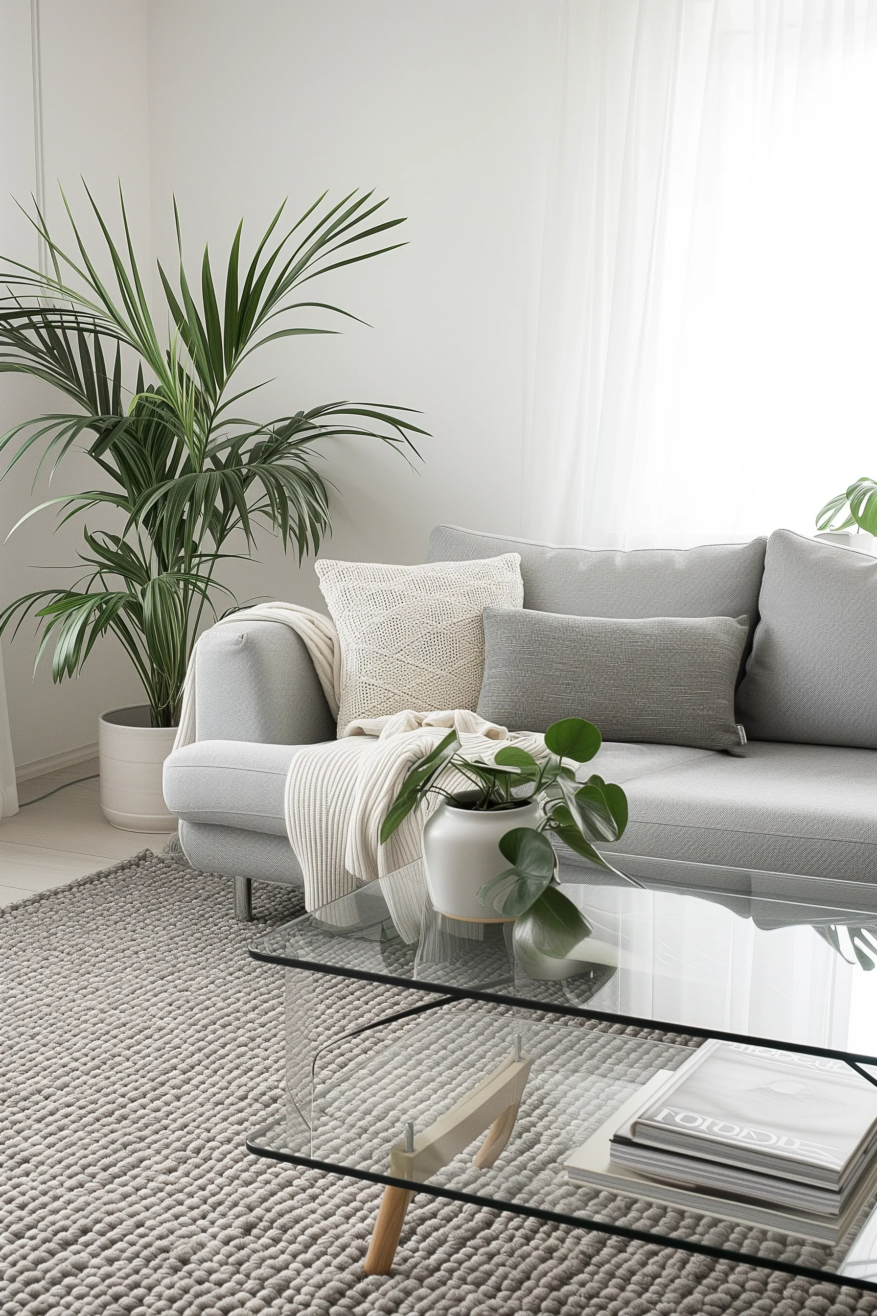 A living room with grey couch and a glass coffee table and plants and a knit rug