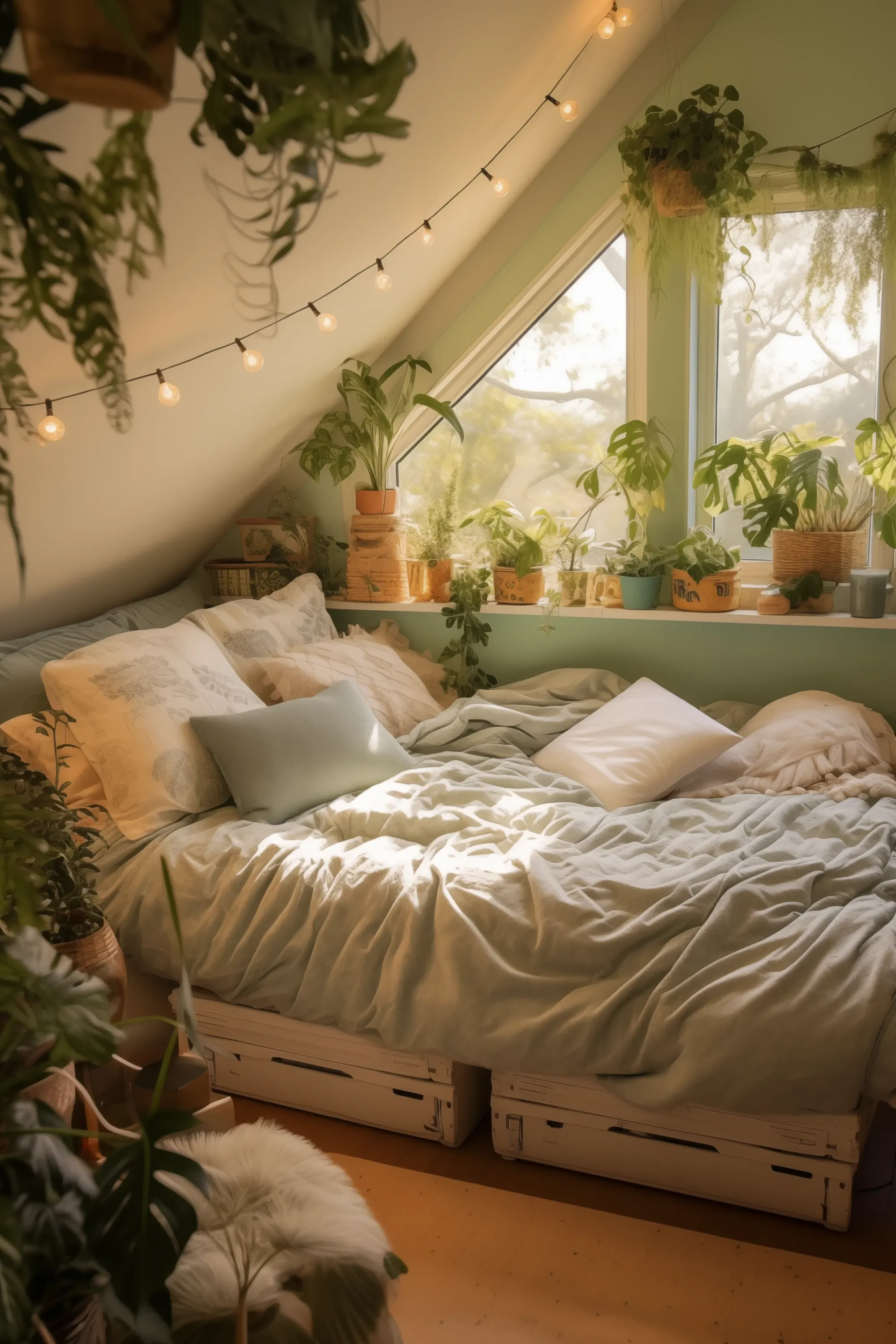 A sage green and white bedroom with plants