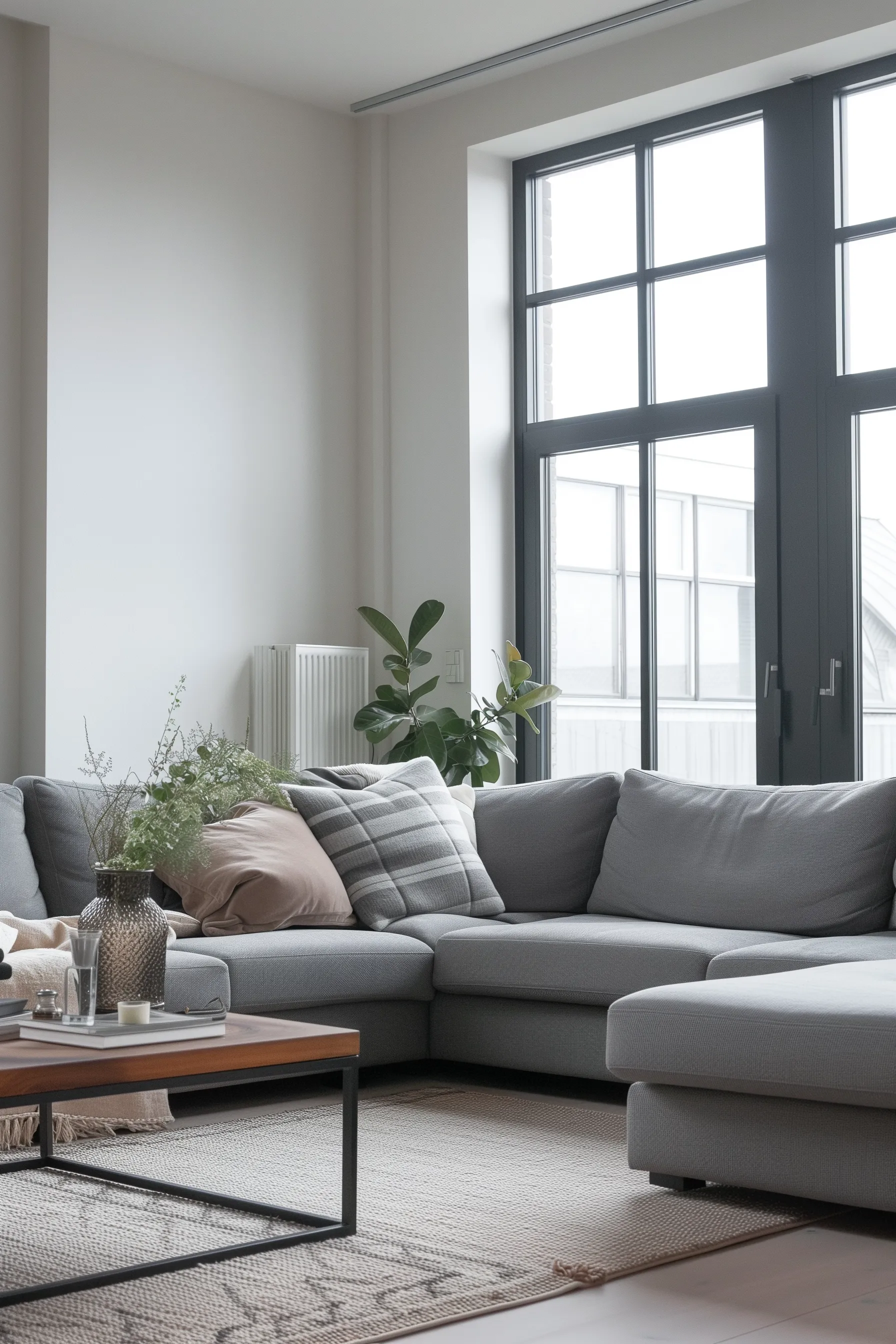 A grey L couch with throw pillows, a coffee table and plants