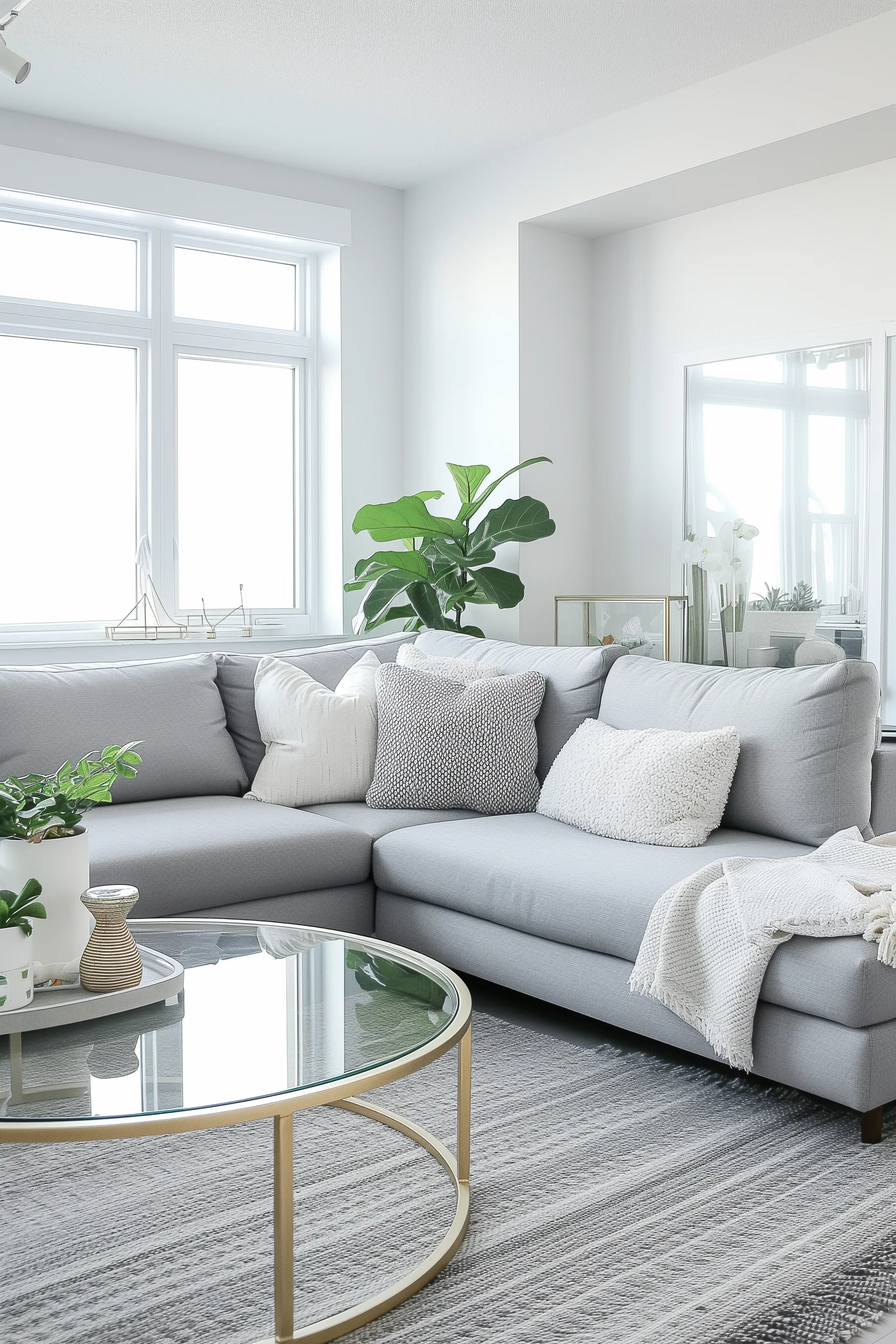 A grey sofa with a glass coffee table and plants.