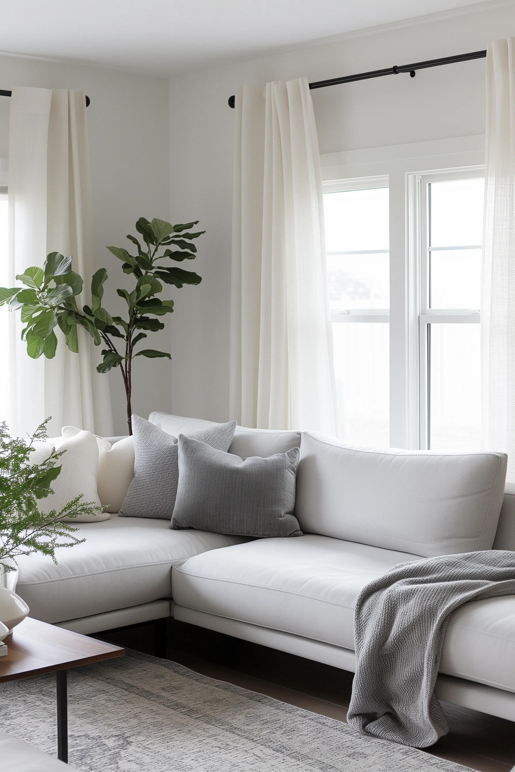 A grey and white sofa with plants