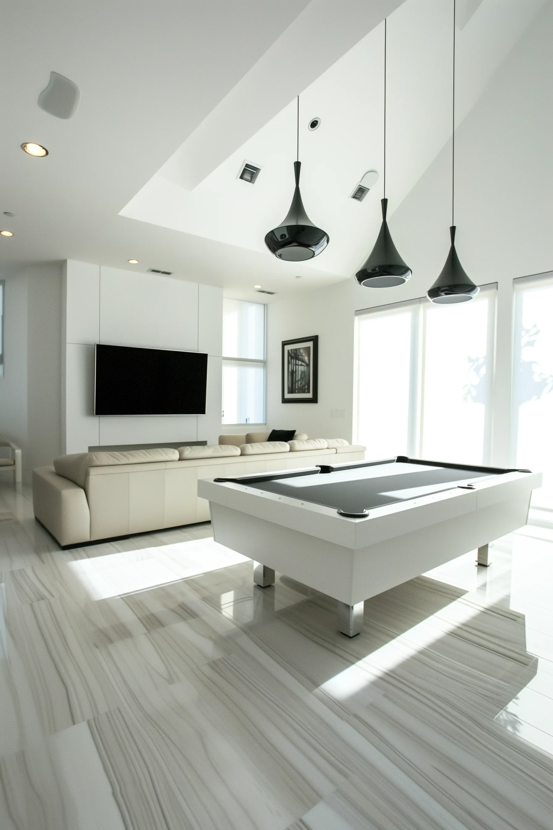 A white gaming room with a pool table