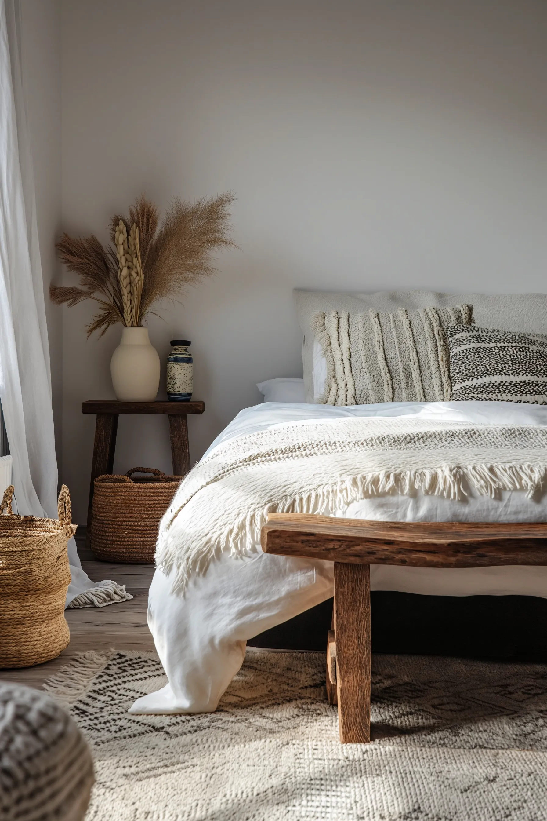 assorted throw pillows on white bed