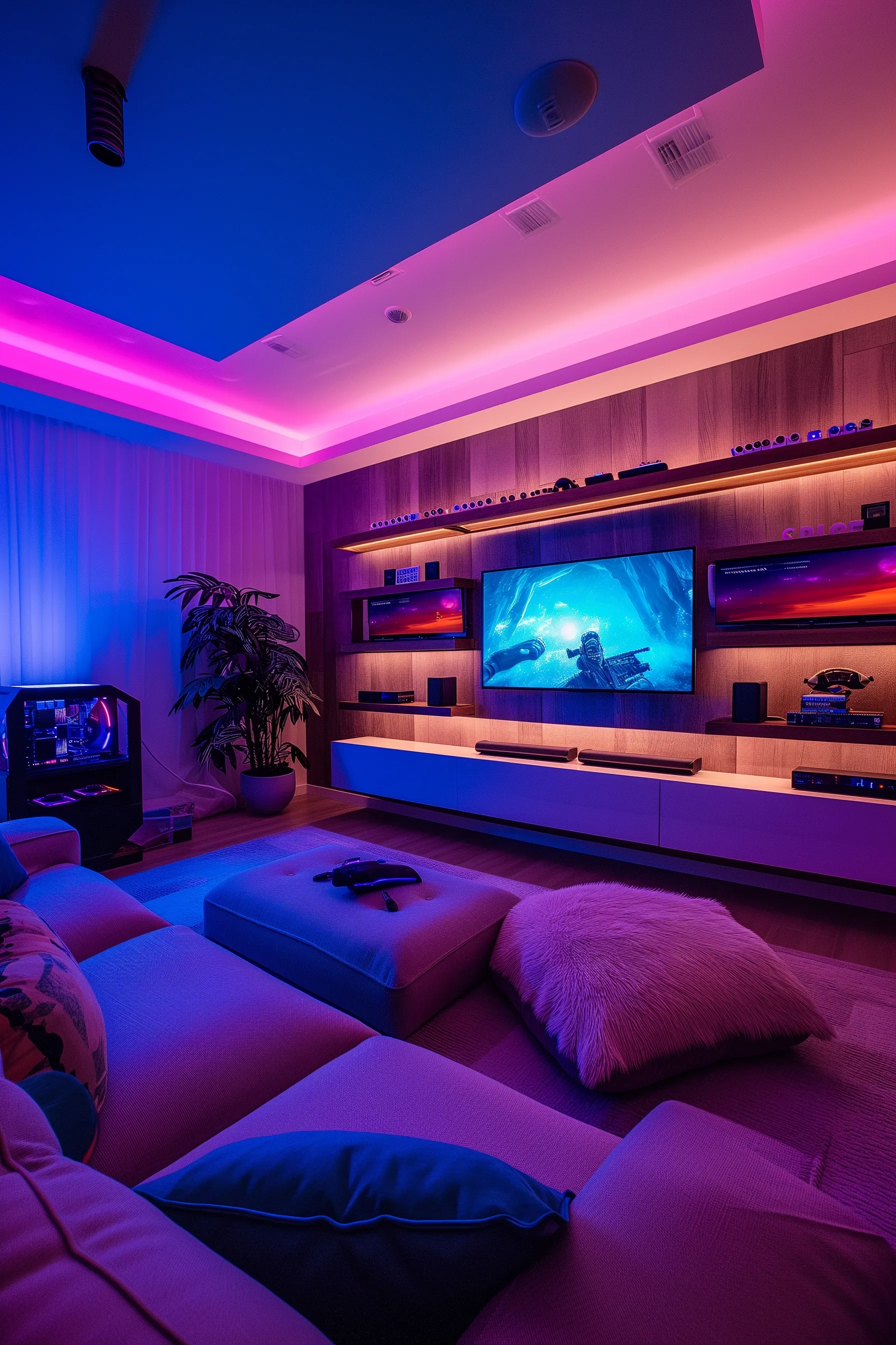 Game room with a comfortable couch and LED lights