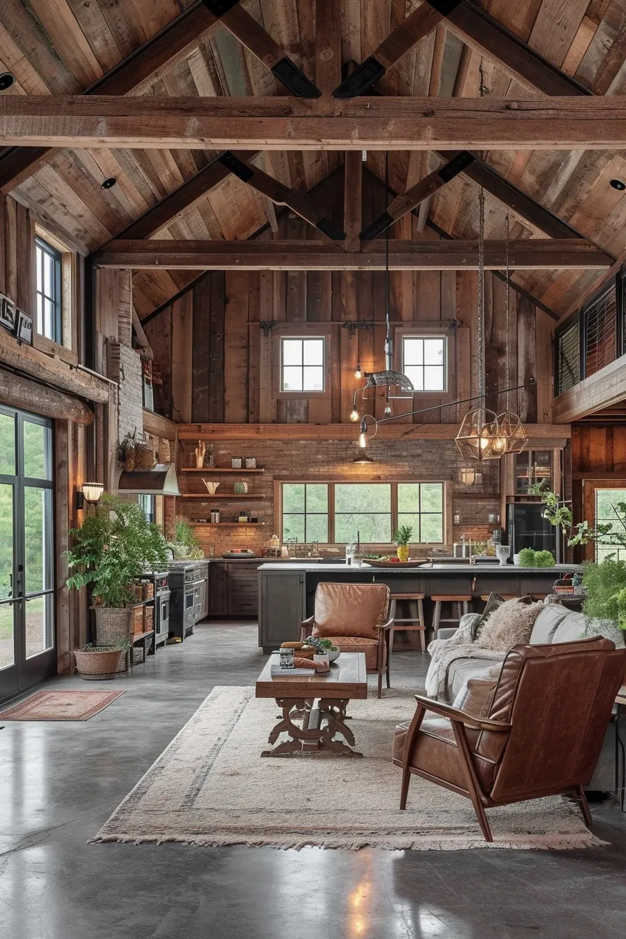 A wooden rustic loft man cave pole barn with leather seats