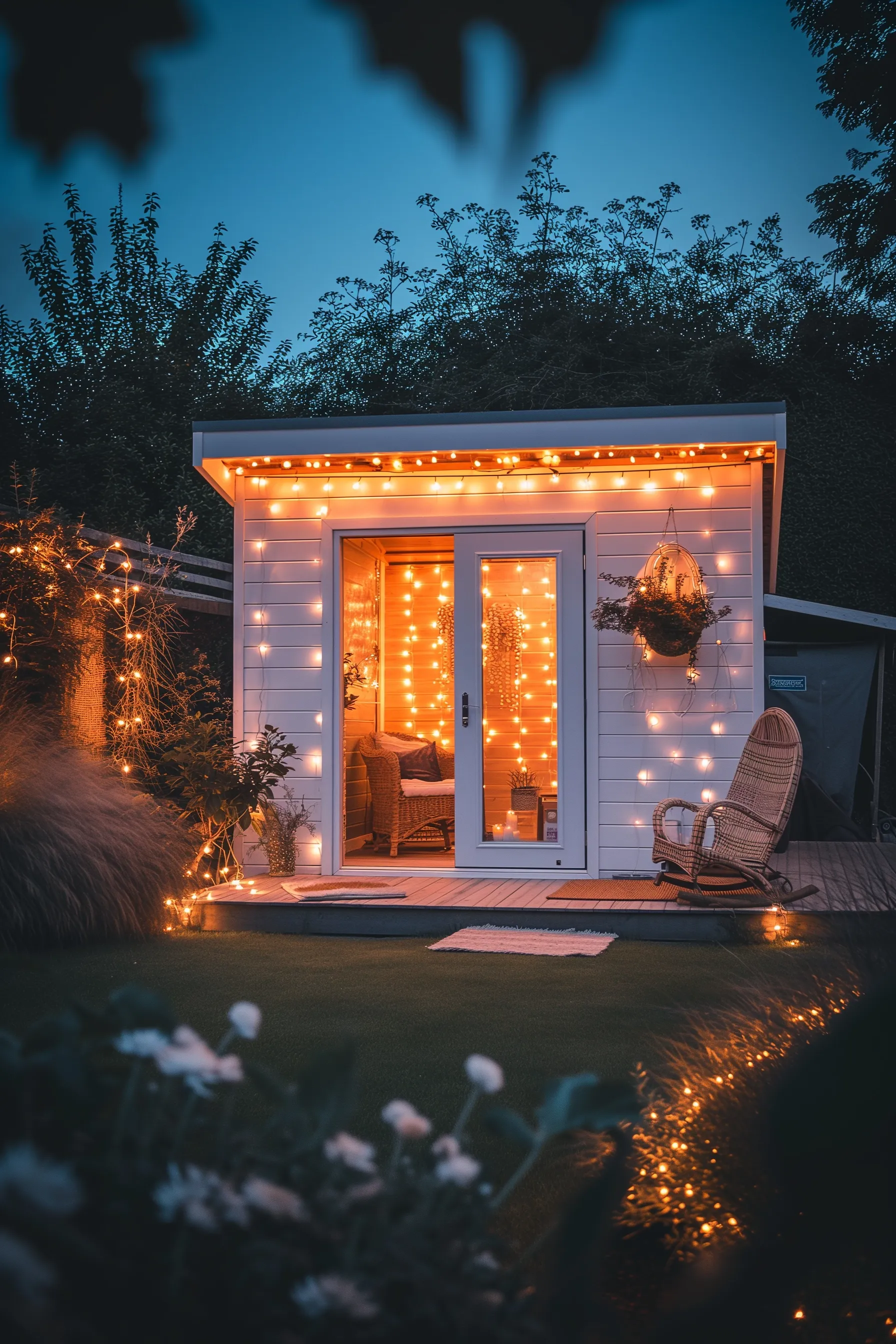 A studio shed with fairy lights