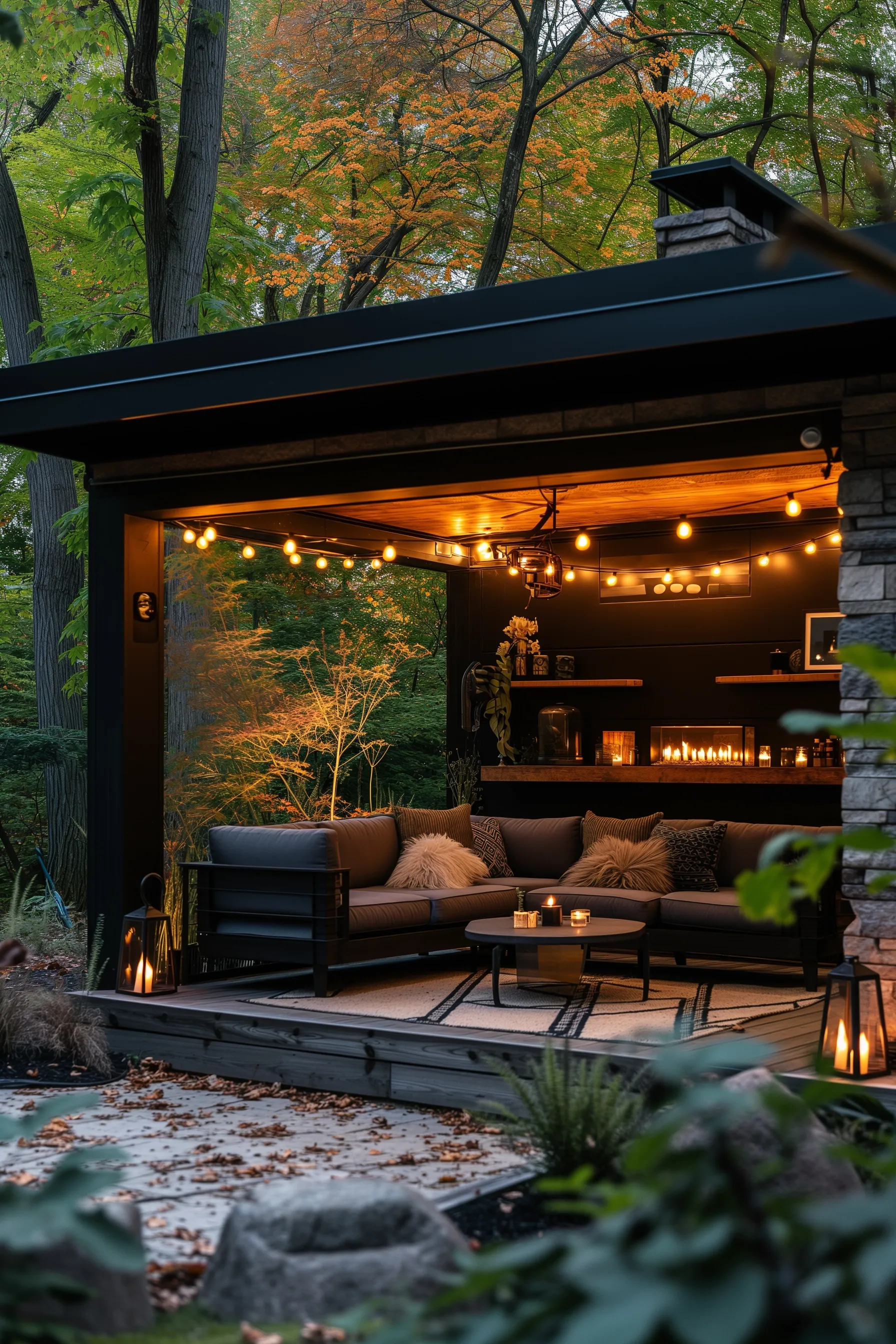 A shed with a couch, fire, candles and throw pillows