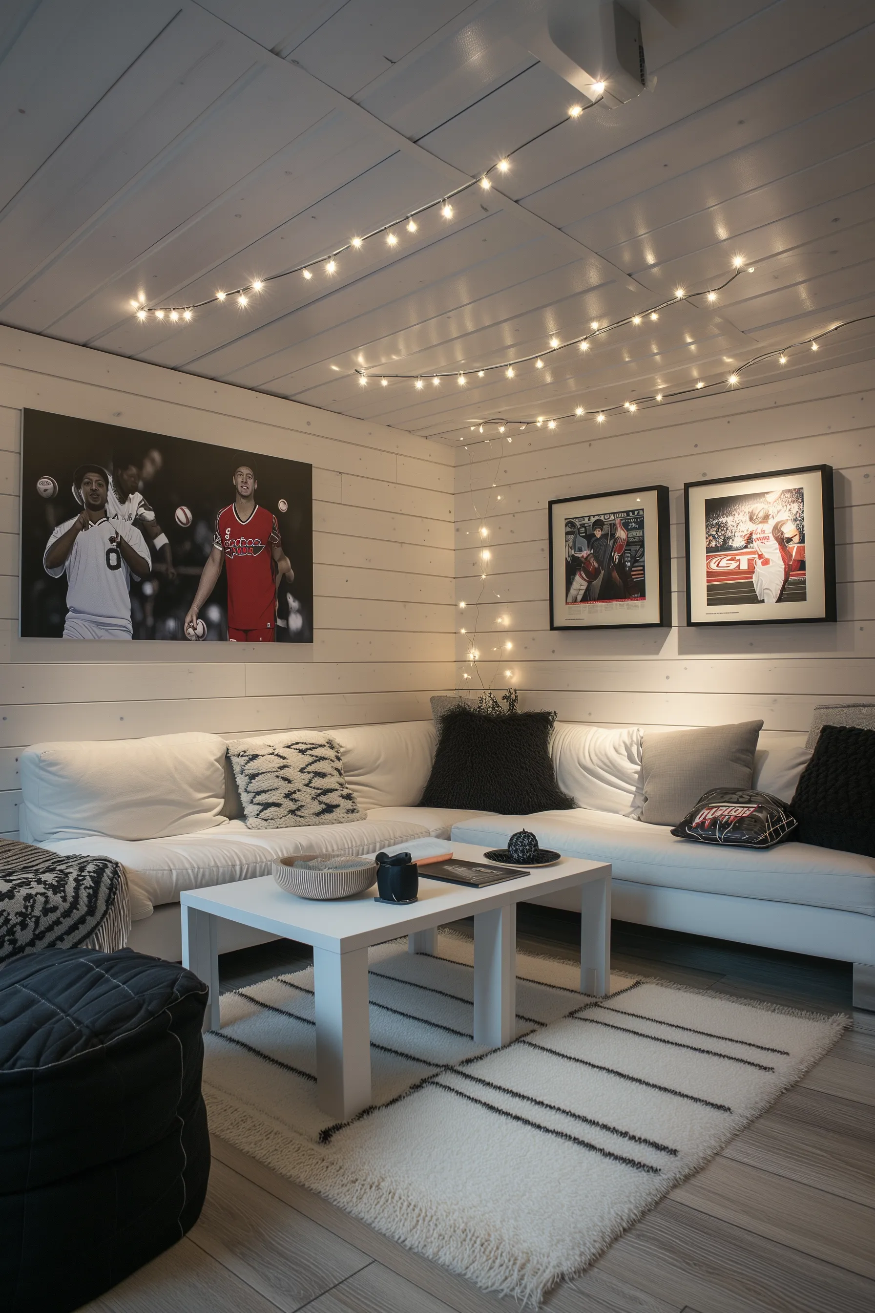 Man cave sports artowrk white couch white rug