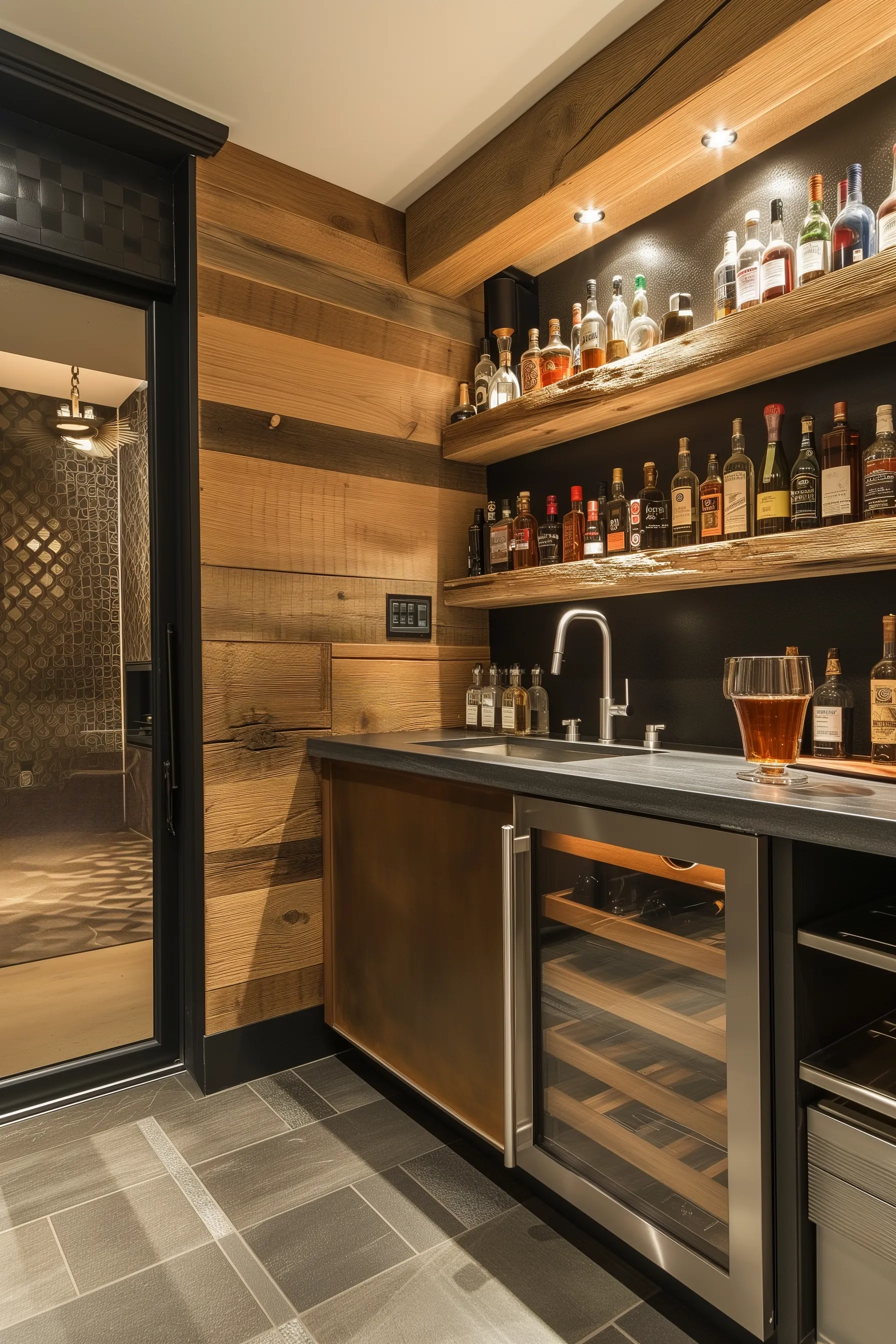 A man cave shed with a wet bar