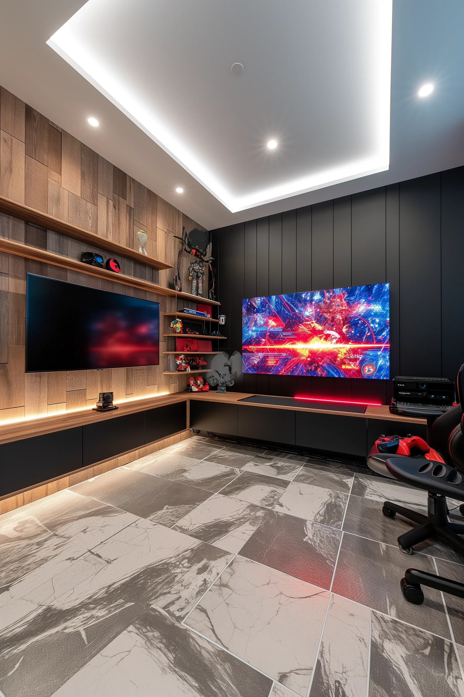 A game room with geometric designs