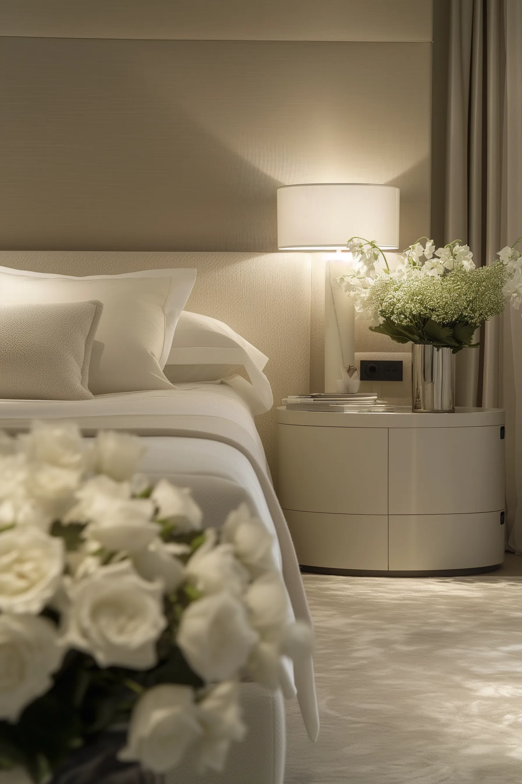 A white bedroom with flowers and a nightstand