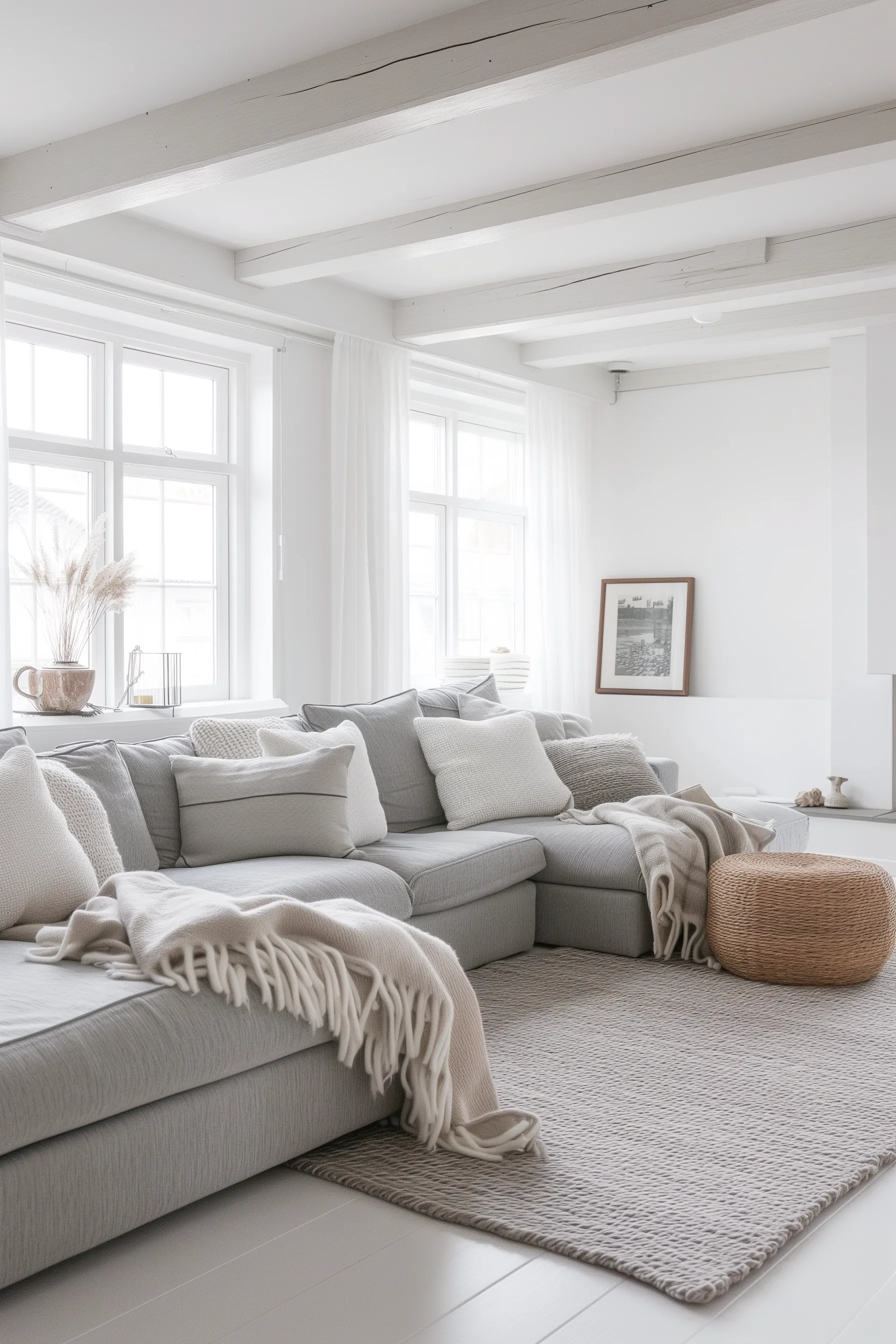 A grey sofa with white throws and pillows with rattan