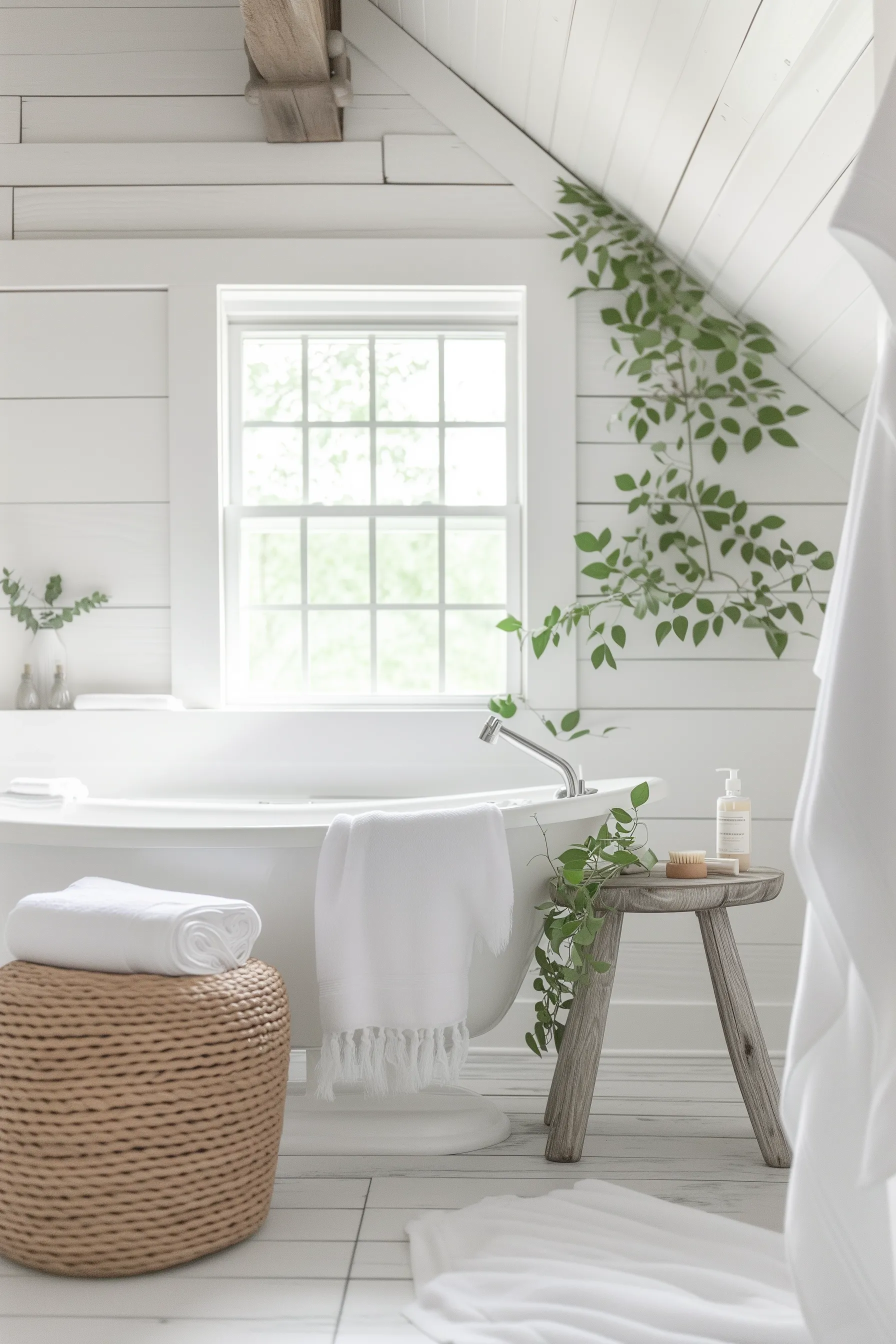 White shiplap walls with a ottoman, wooden stool and tub