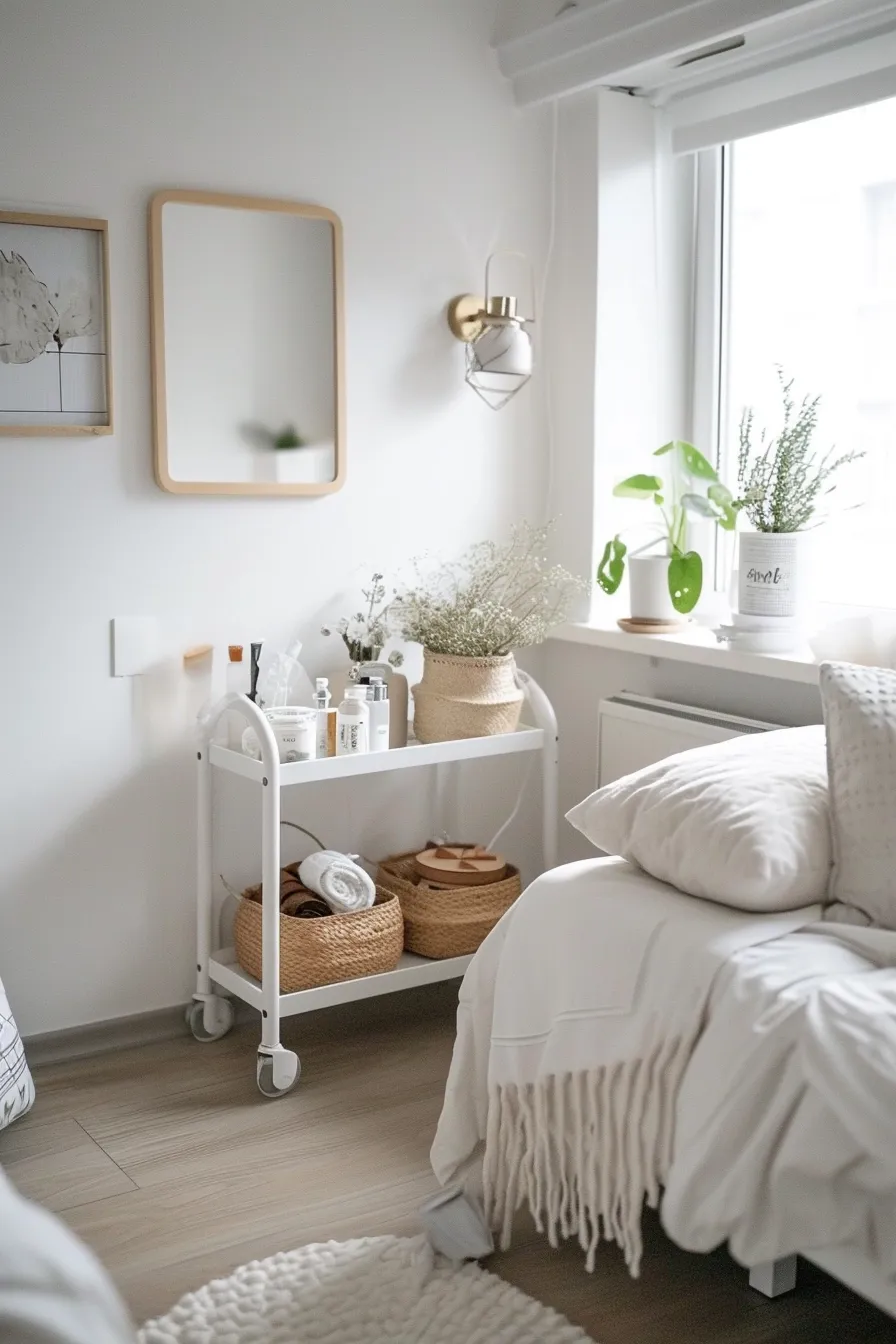 A necessity cart in a dorm bedroom