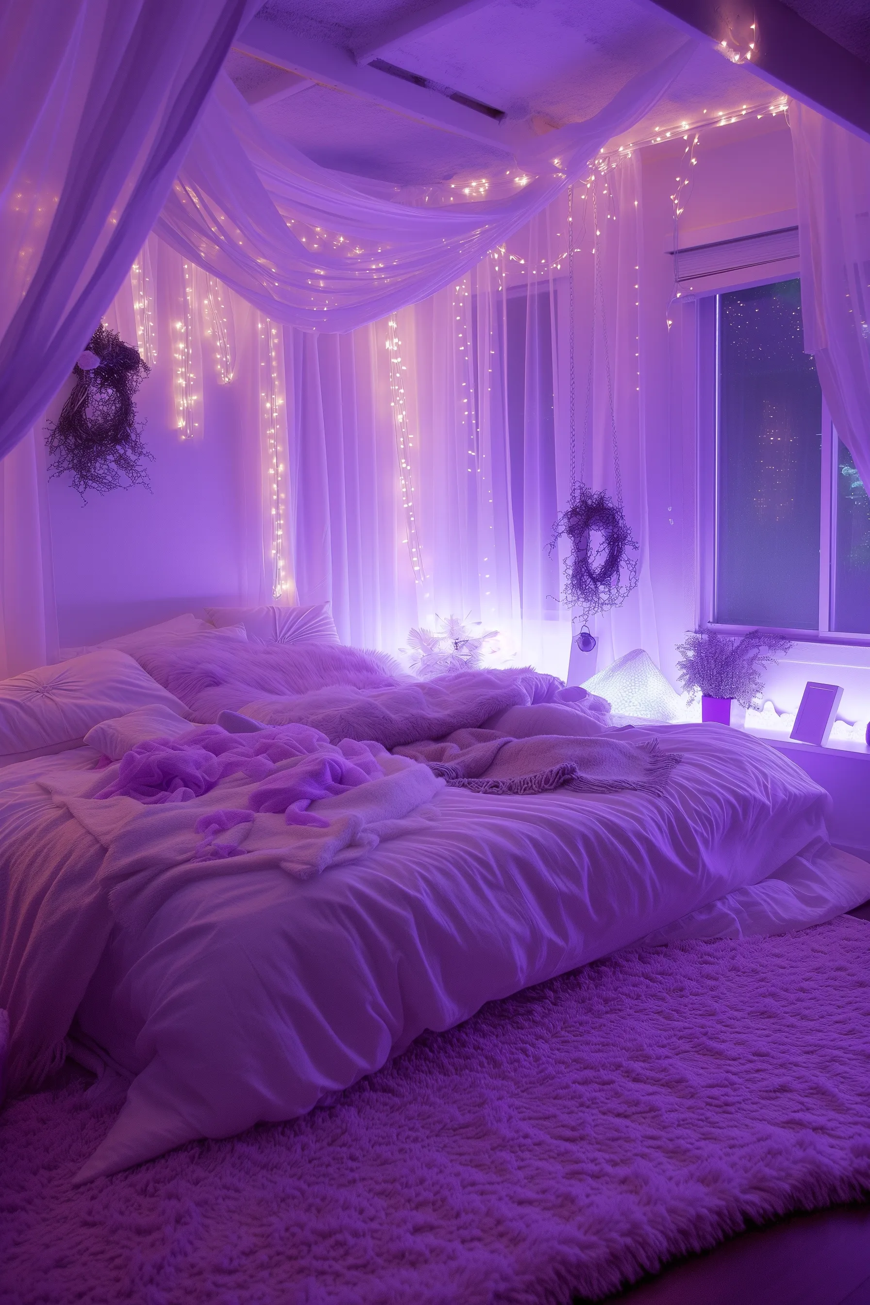 A purple LED lightbulb in a bedroom