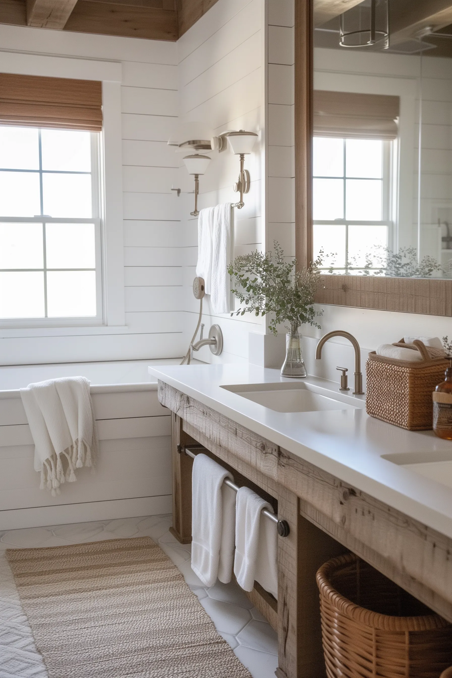A farmhouse bathroom sink with eucalyptus, a woven rug and wooden furniture 