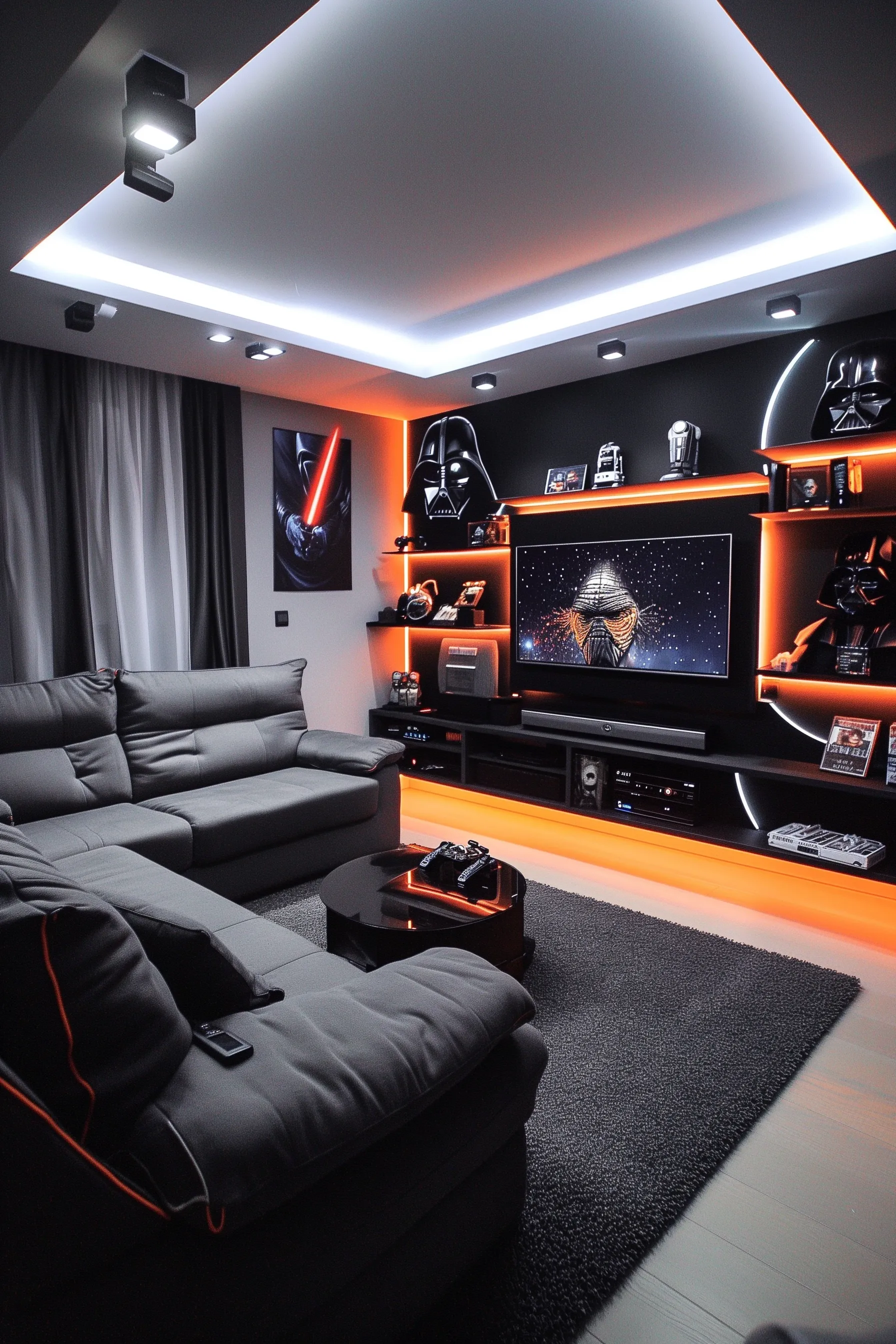 A black and orange living room with star wars merch and a light saber