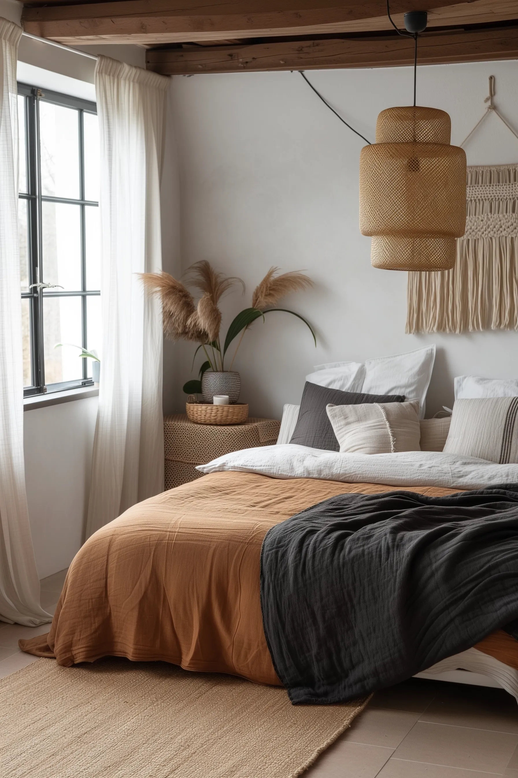 boho bedroom tapestry with an orange and white bed.