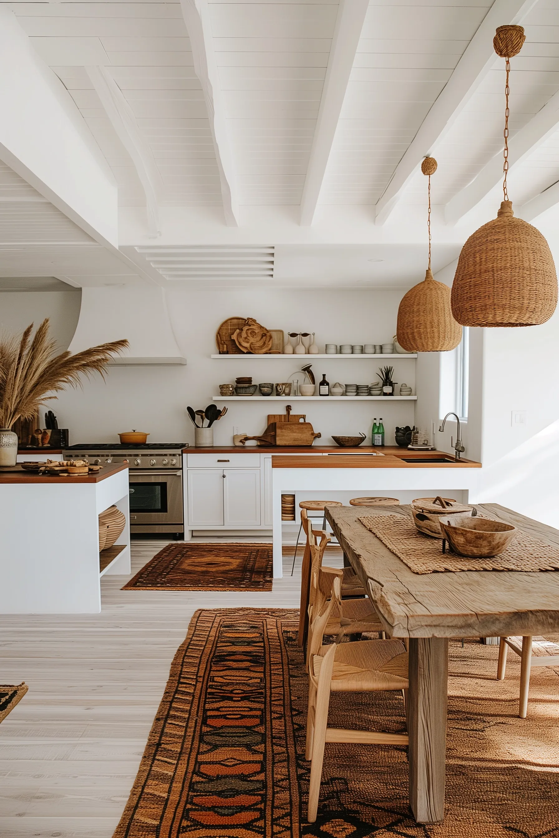 A white kitchen with Boho accents and pendant lighting