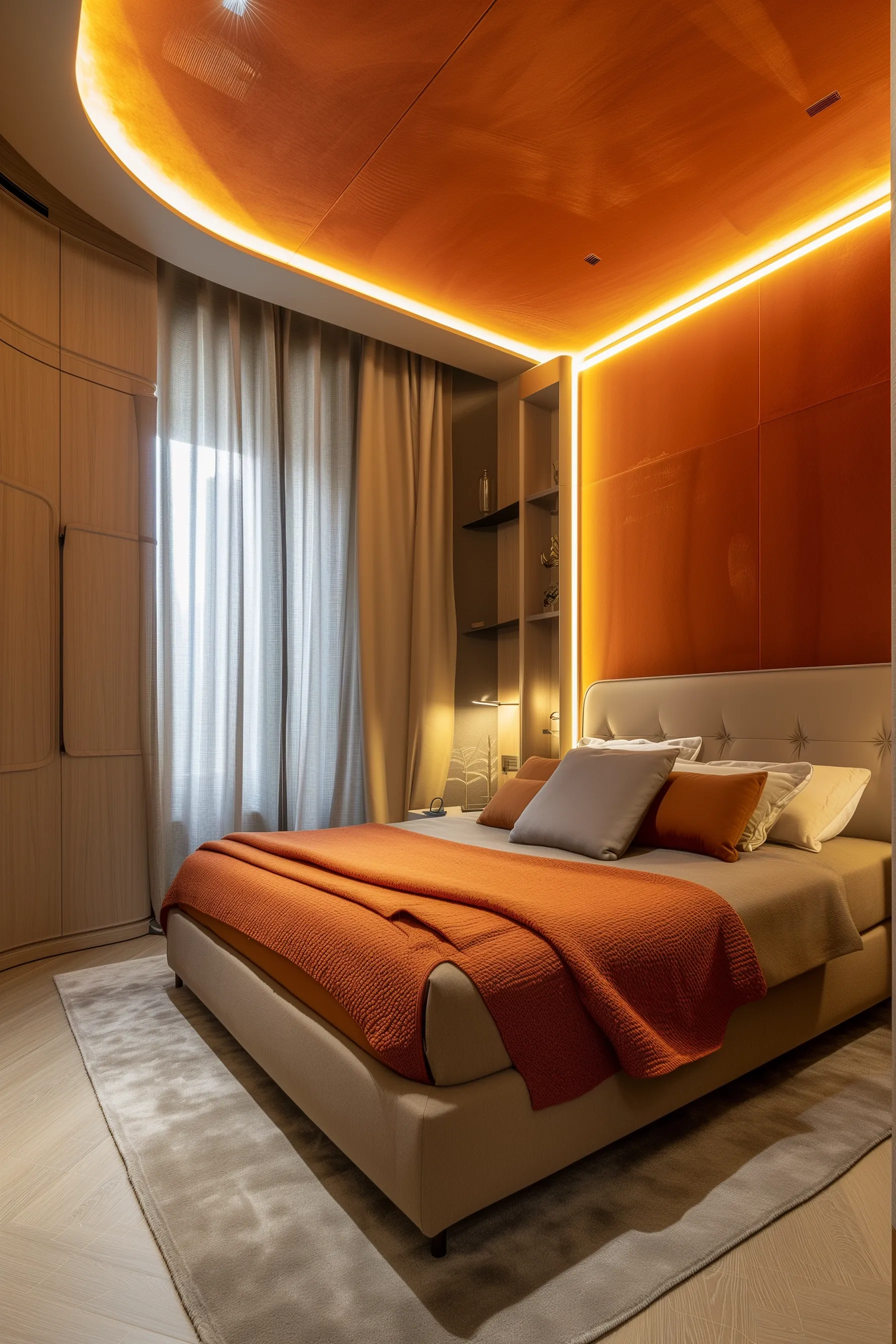 Orange and white modern bedroom with clean lines