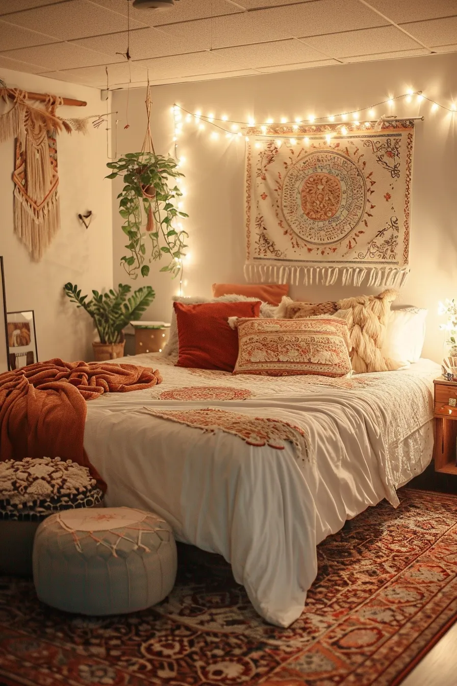A bohemian orange and white dorm room with a tapestry