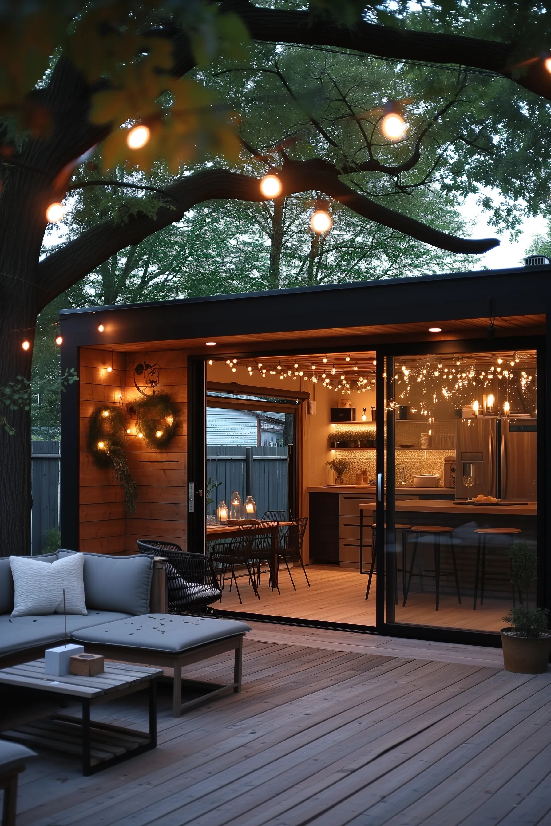 An outdoor man cave with fairy lights