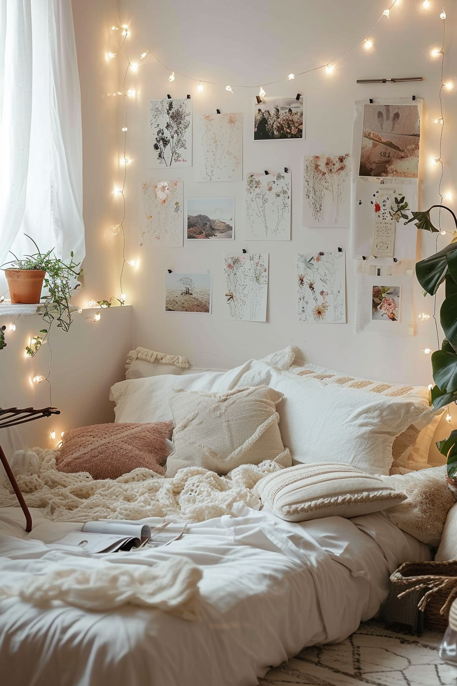 A bed with an white duvet cover and throw pillows with wall art and fairy lights