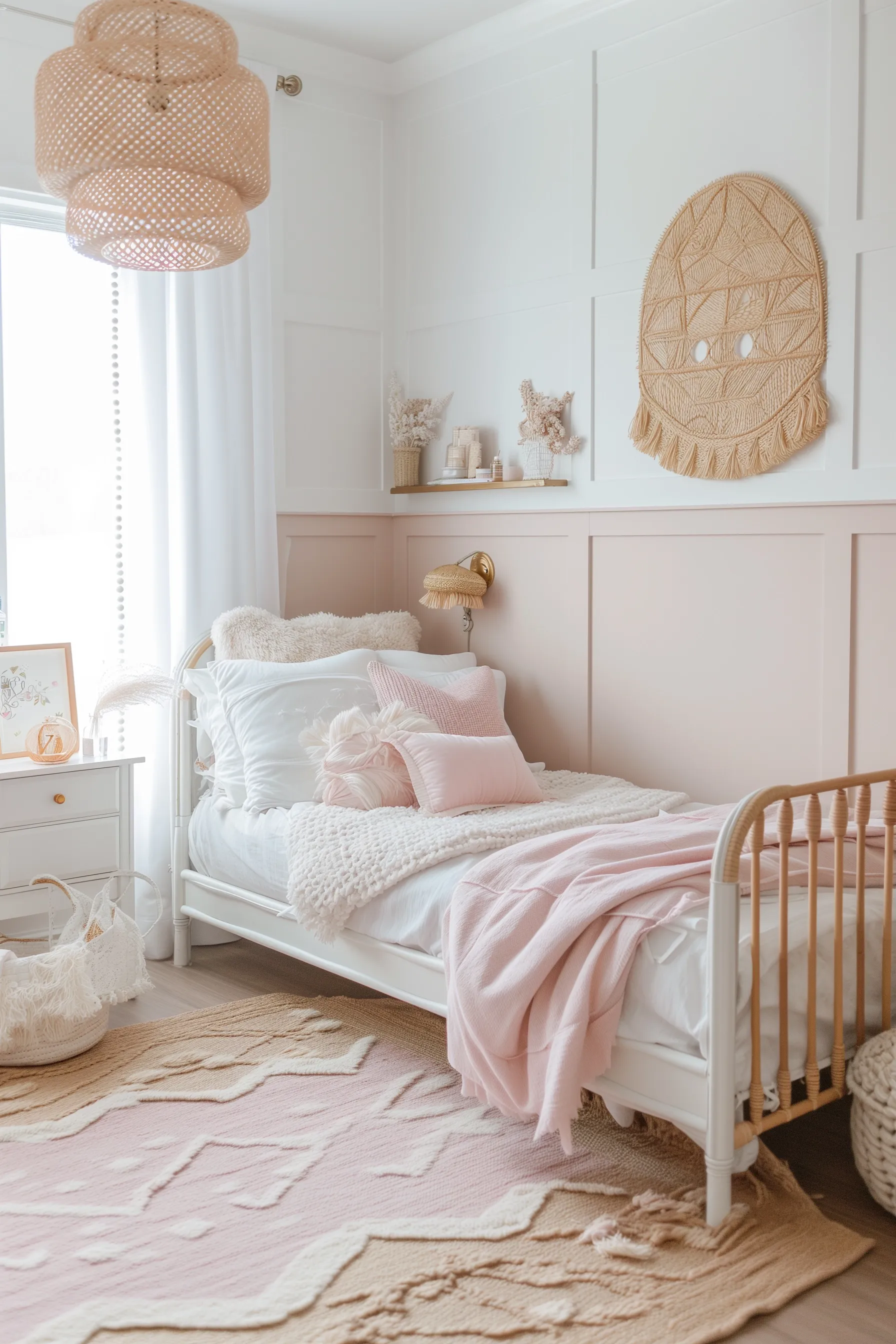A pink and white bedroom with drawers and boho decor