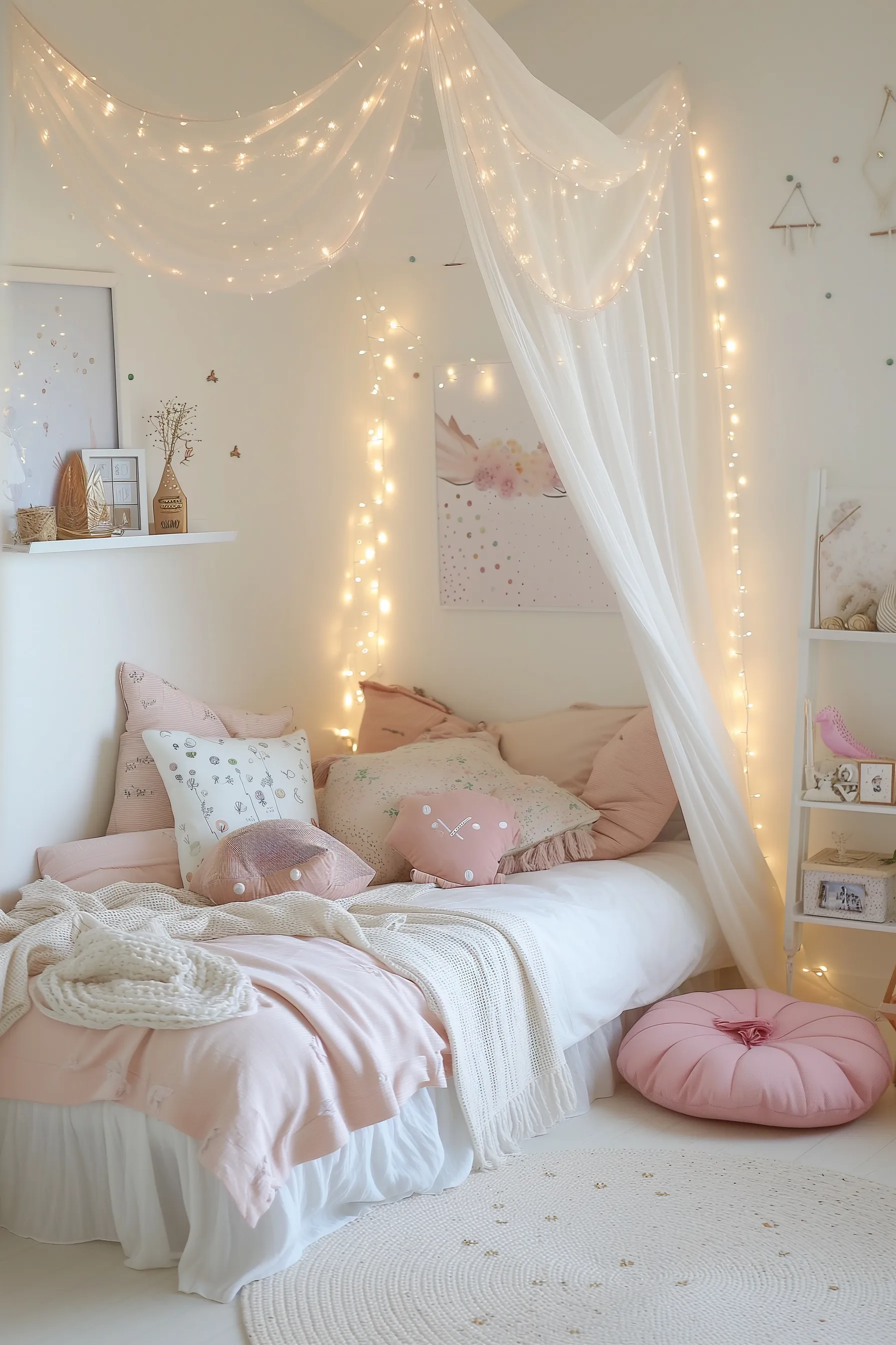 A white and pink little girls bedroom with fairy lights and a canopy