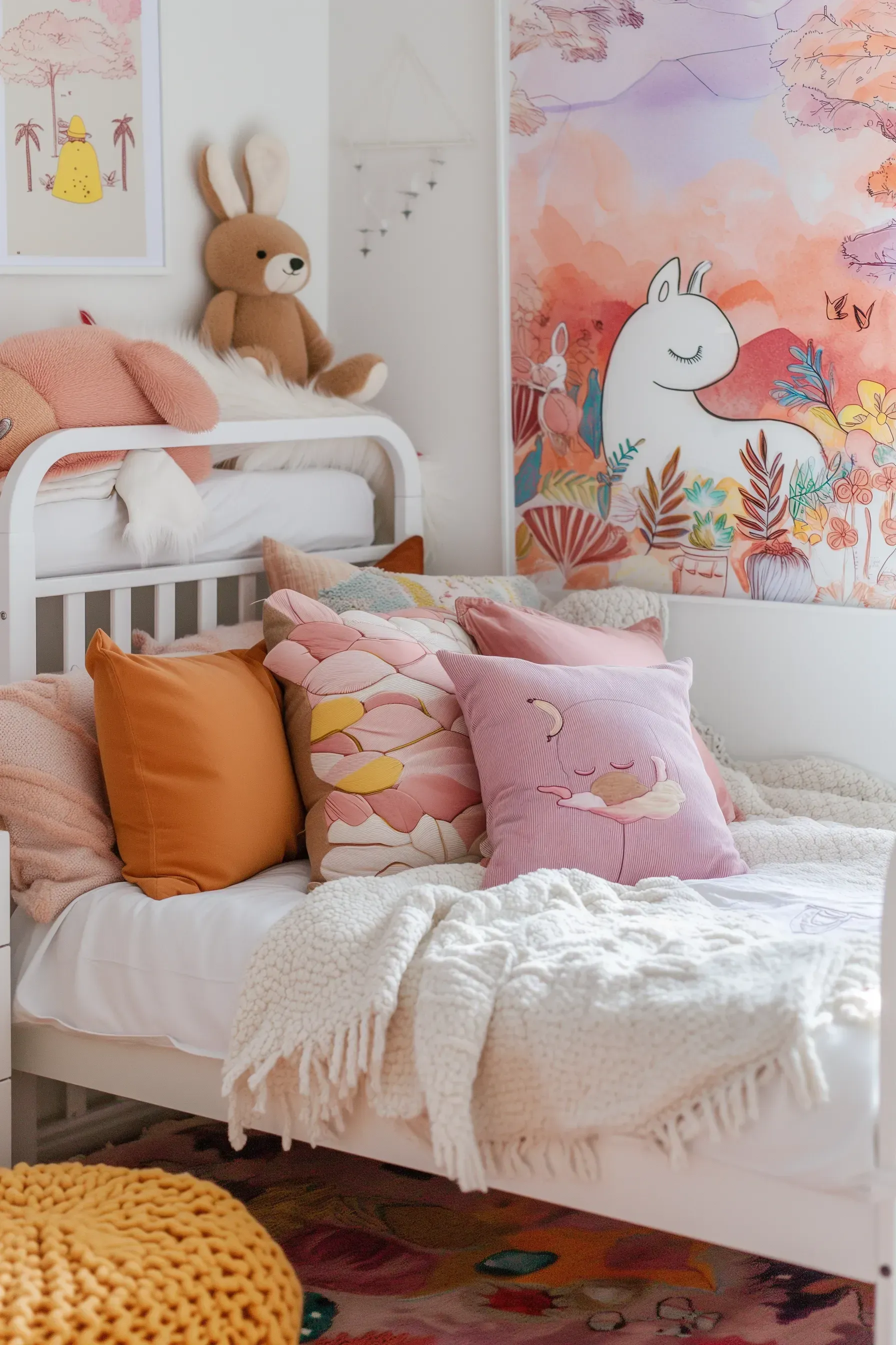 This child's room depicts a play area with a fabric teepee which can be a very affordable and easy DIY. It also has fairy lights and lots of wall art. This is one of my favourite ways on how to decorate a little girls bedroom on a budget. 
