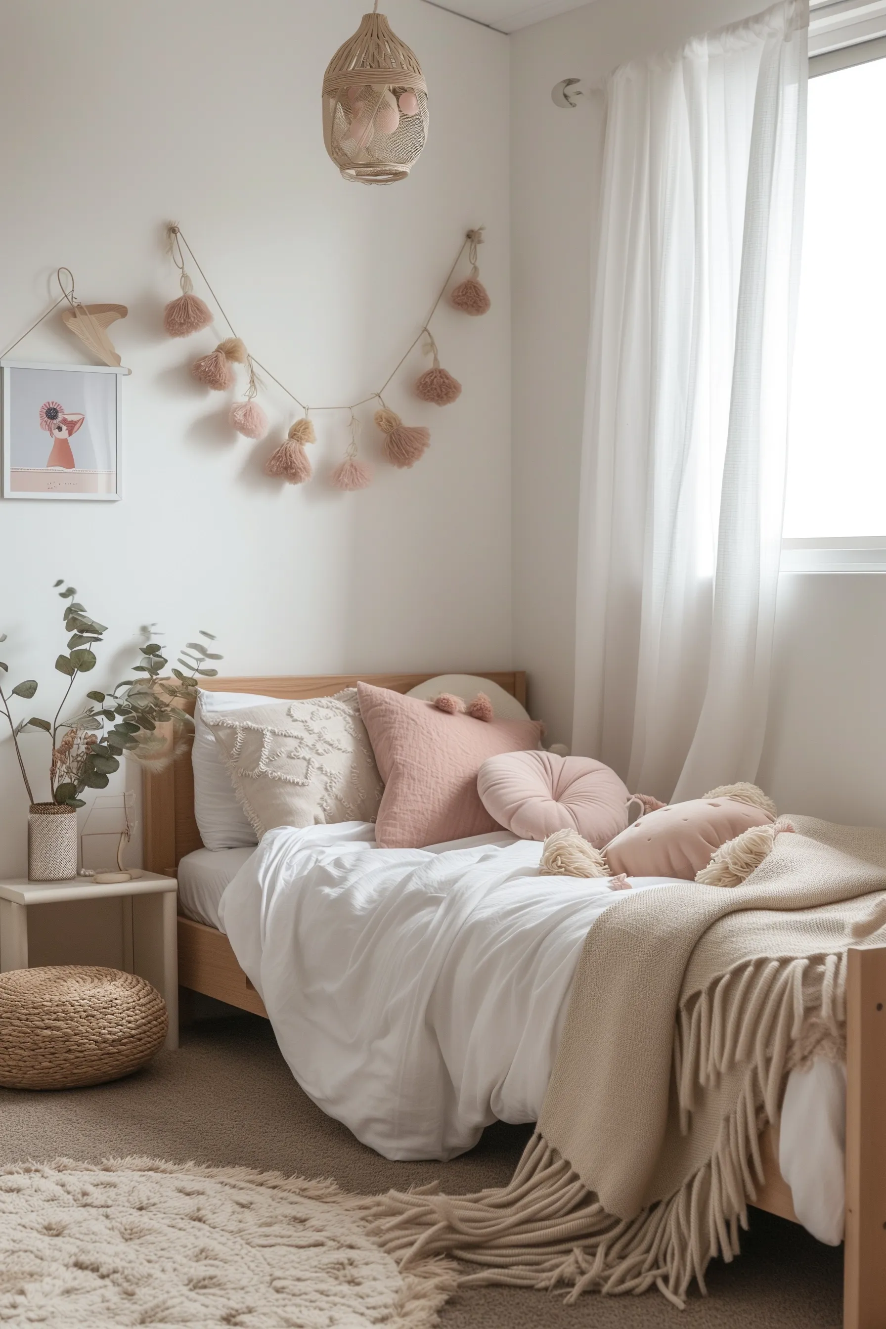 A white and pink bedroom with an ottoman and hanging tassles