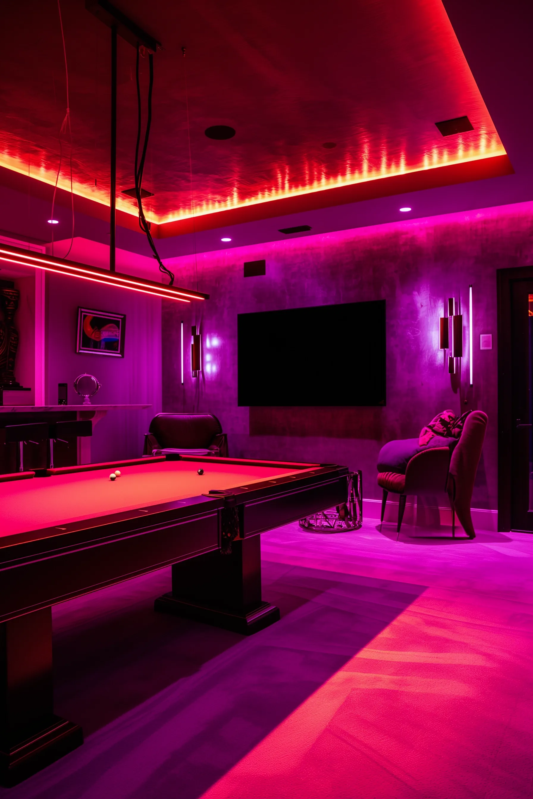 Pink pool table with LED light strips