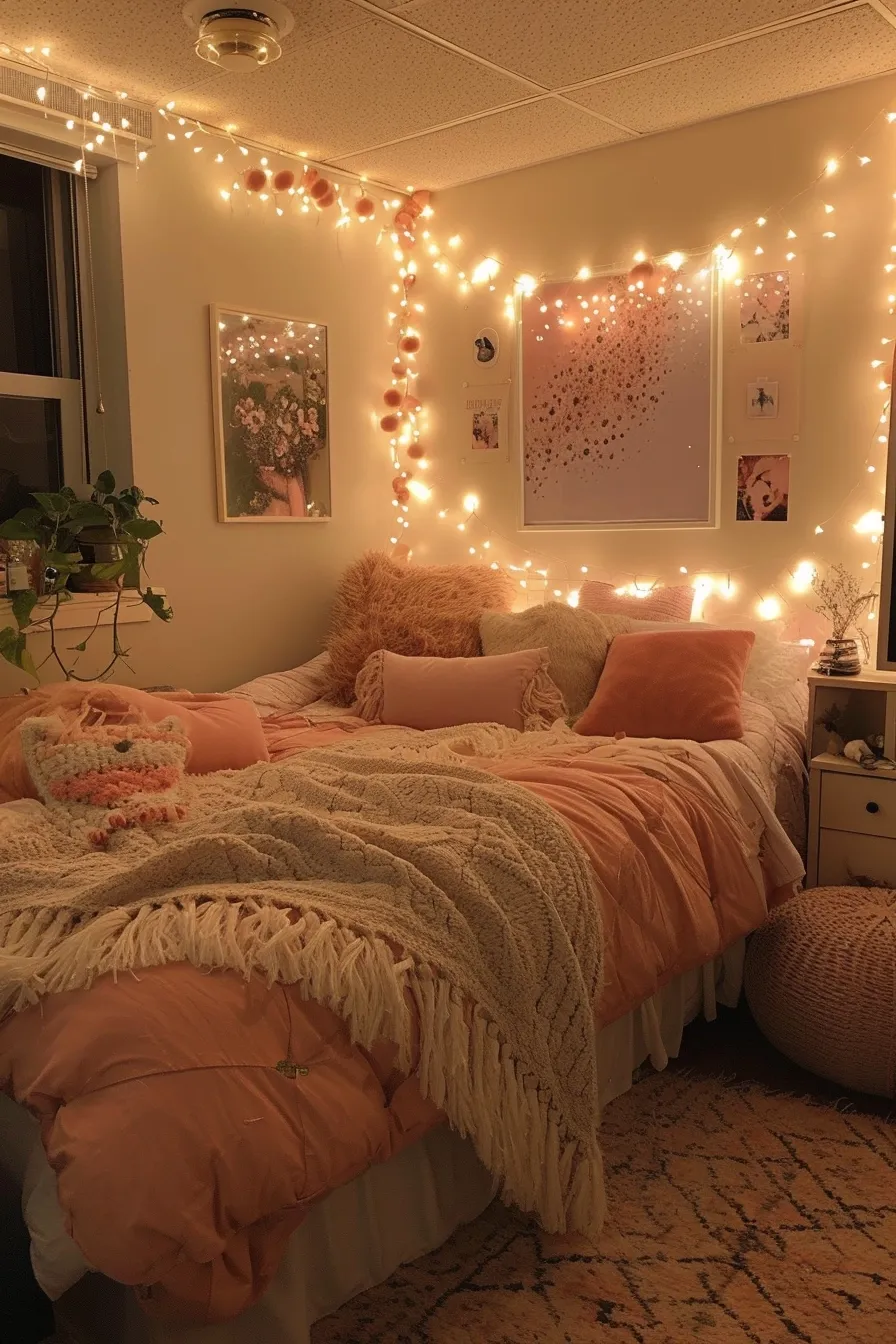 A orange and white bedroom with a storage ottoman