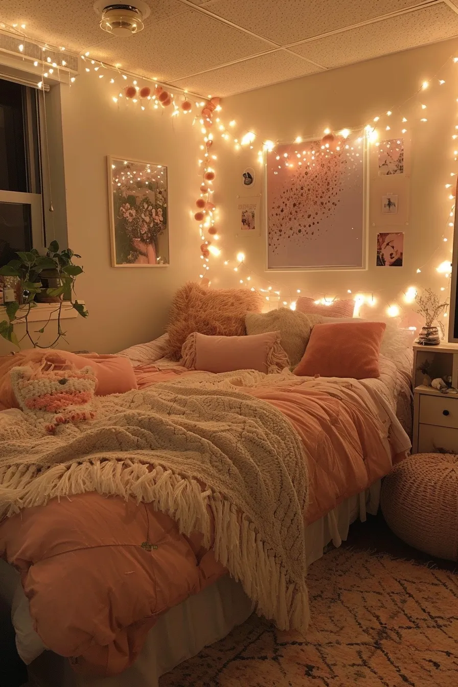 A pink and white bedroom with fairy lights and an ottoman
